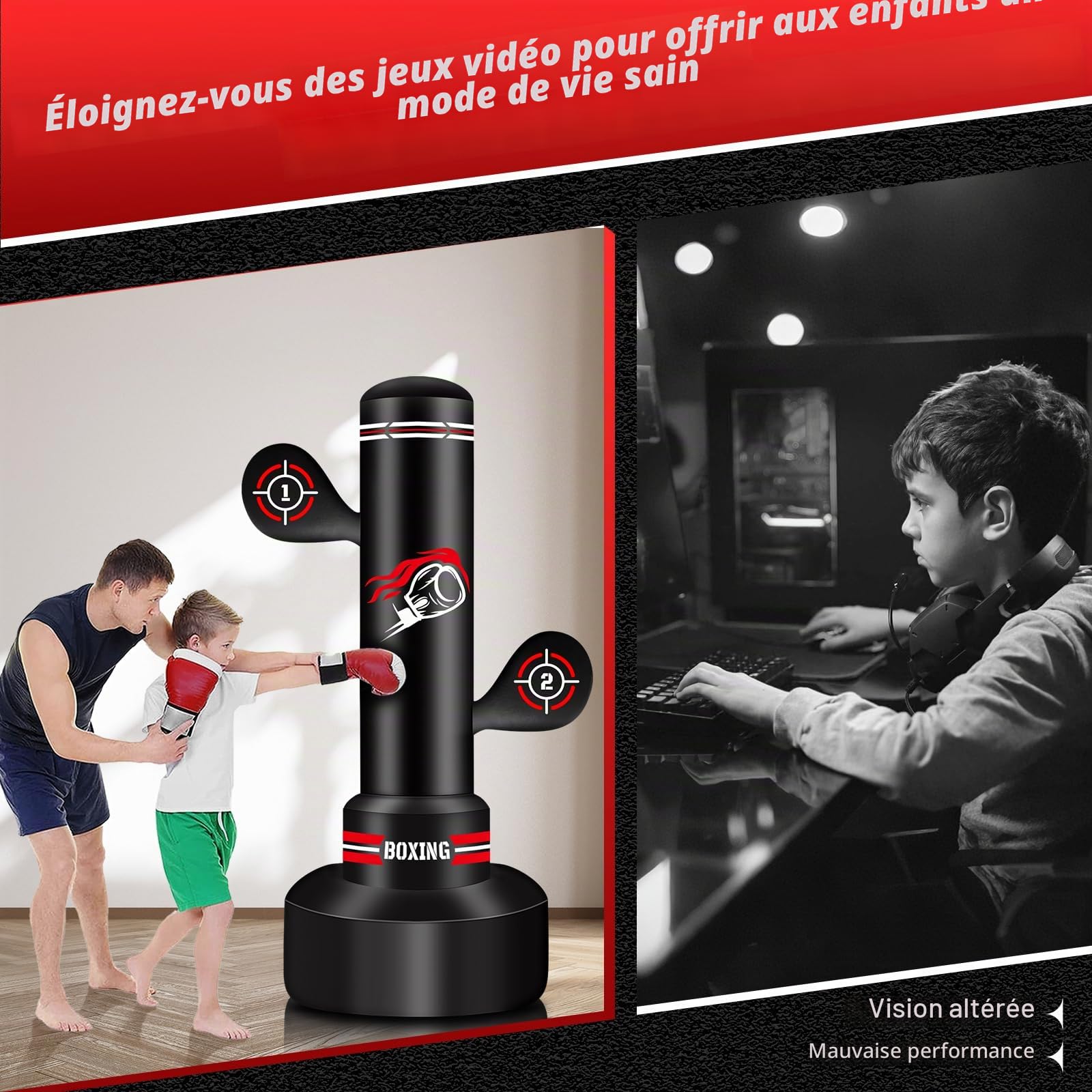 NZQXJXZ Sac de Frappe Adulte, 180cm Sac de Boxe Autoportant avec Gants de Boxe, Pompe, Corde à Sauter et Balle de Réflexe, Sac de Frappe Gonflable pour Hommes pour Entraînement Muay Thai MMA Fitness