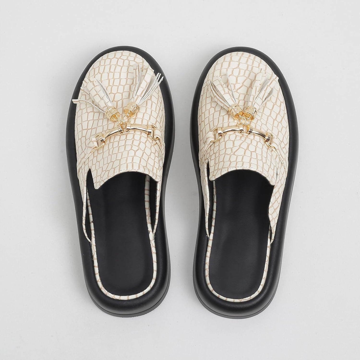 Women's Stone Print Leather Platform Fringe Mules Closed Round Toe Slip On Non-Slip Sandals with Soft Cushion Indoor/Outdoor Comfort Casual Clogs Slides