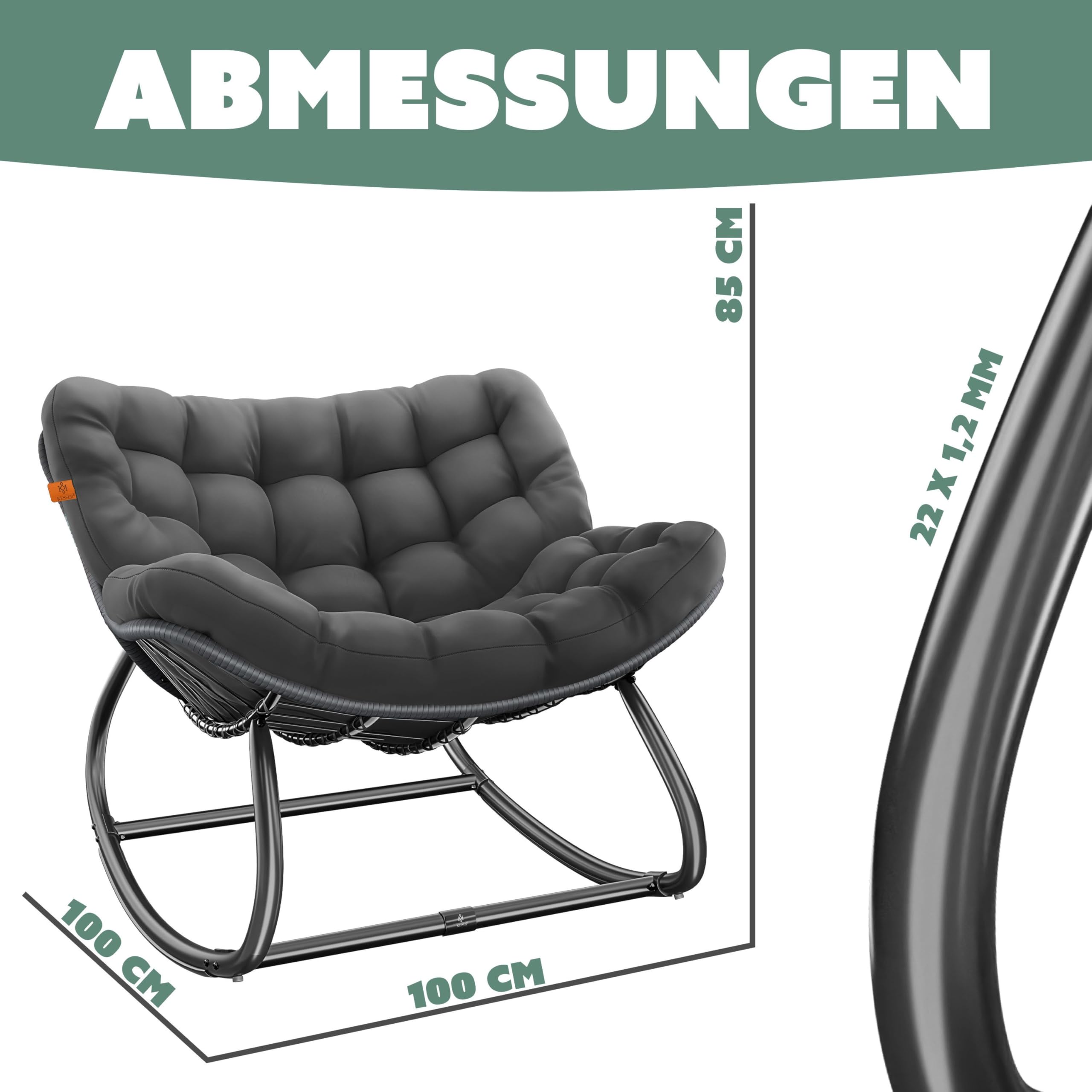 KESSER® Schaukelstuhl XXL Outdoor, ergonomischer Schaukelsessel mit Sitzpolster für In- & Outdoor, Relaxsessel Garten, Balkon Sessel, wetterfester Gartenstuhl bequem, rutschfest, bis 150kg, Anthrazit