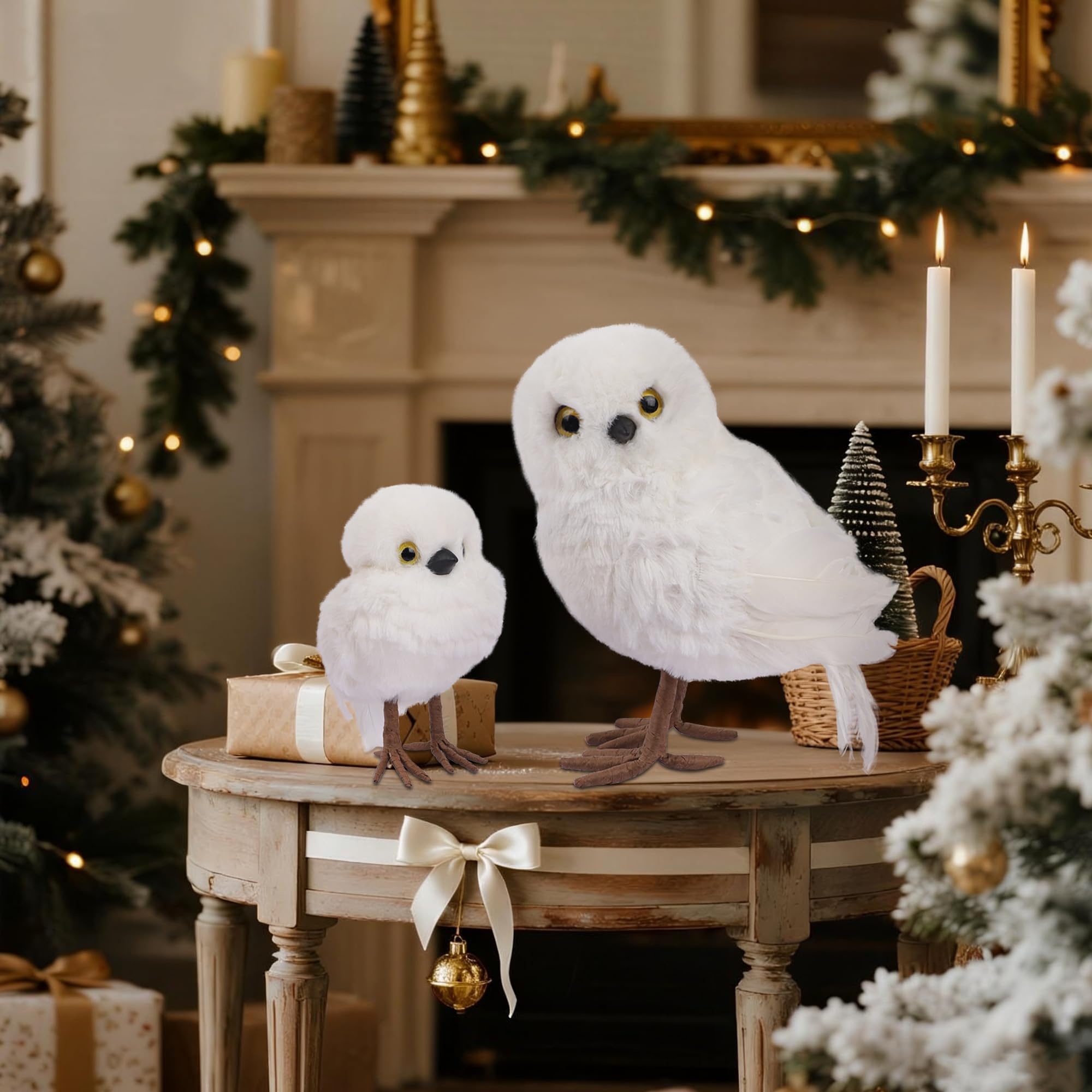 winemana Set di 2 decorazioni invernali a forma di gufo bianco, ornamenti natalizi pelosi, decorazioni da tavolo per feste in casa