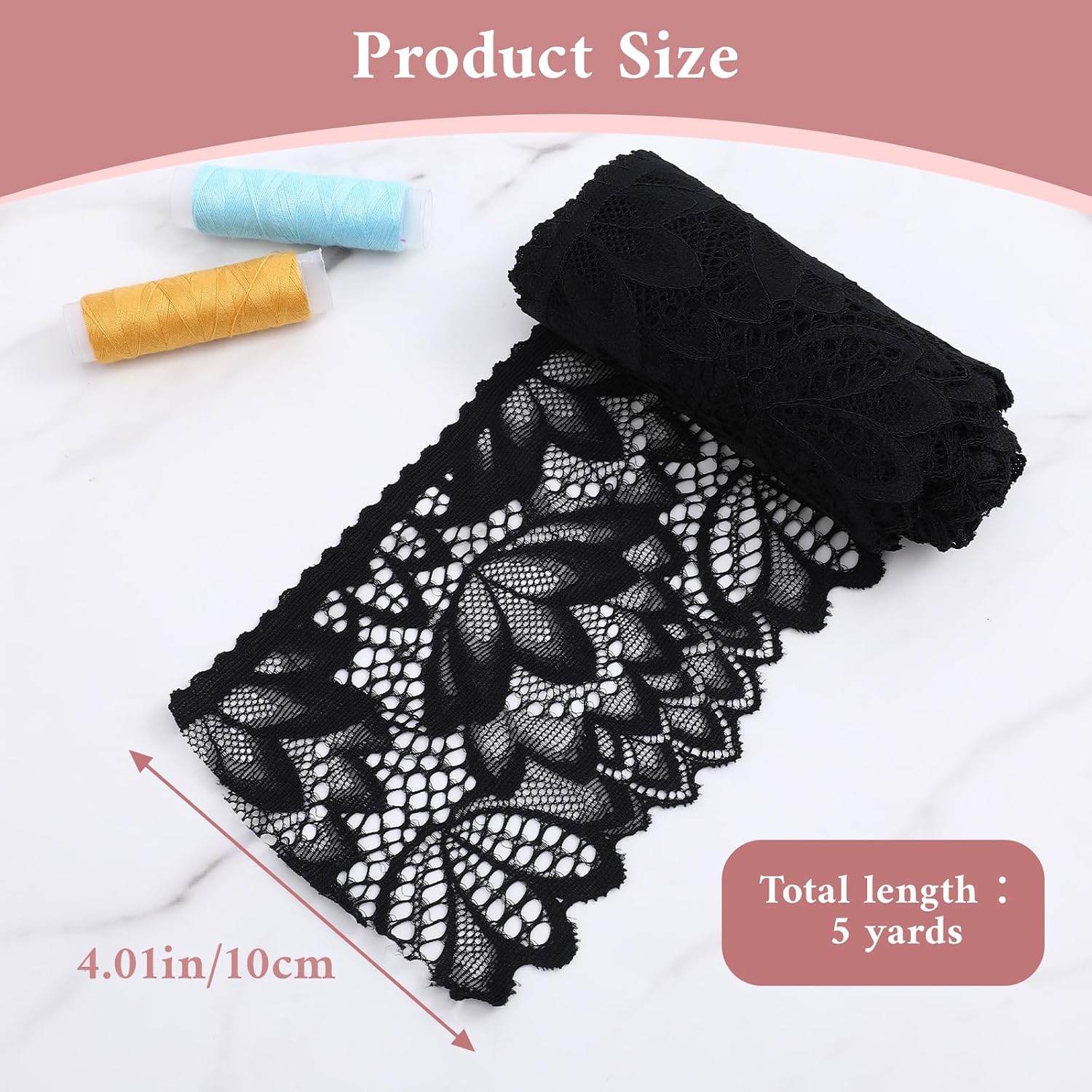 5 Yards Black Lace Trim, 4 Inch Wide Elastic Vintage Lace Fabric Trim, 1 Roll Applique Black Laces Ribbon for Wedding Dress, Bridal Decorations, Sewing Crafts DIY Projects(5 Yards 4 Inch Wide)