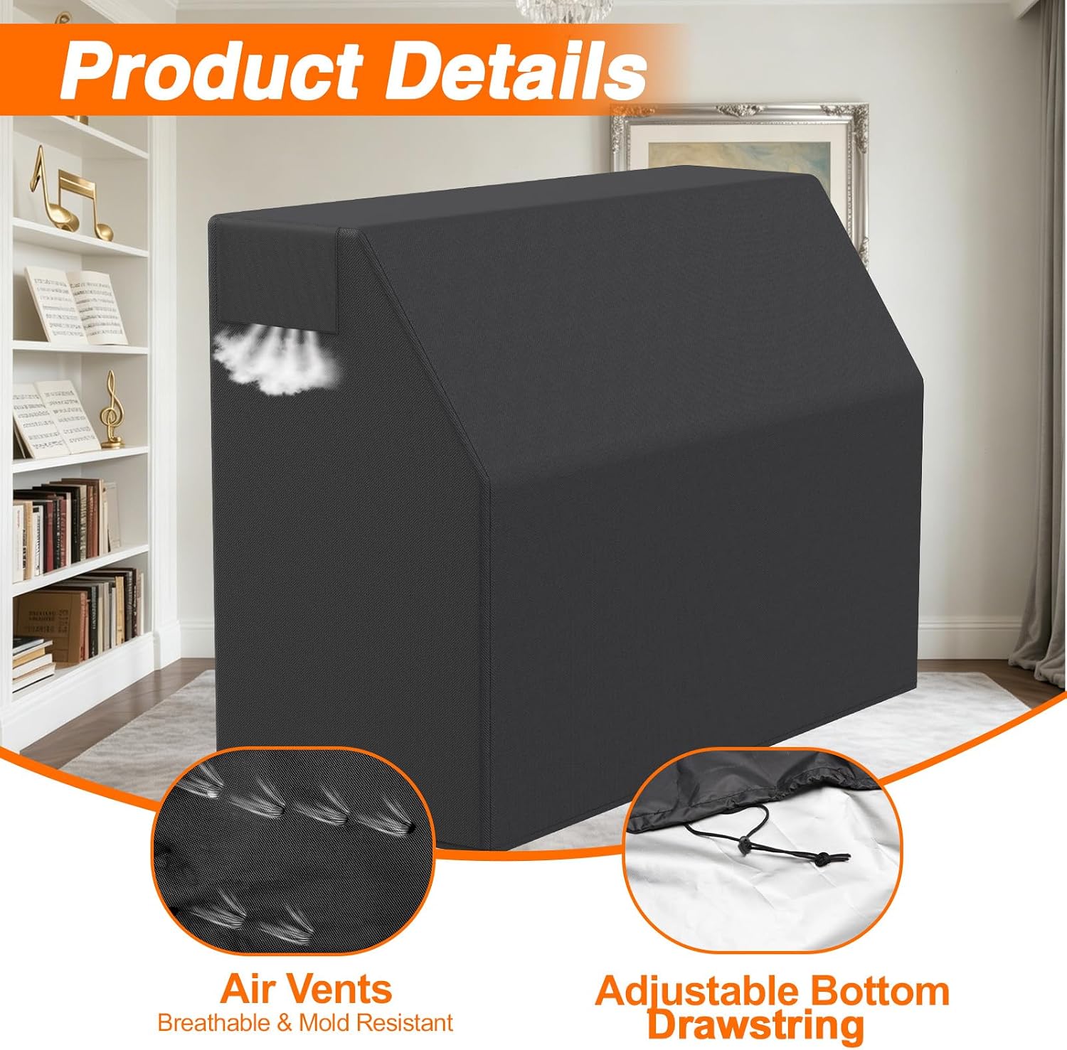 EVRBUL Upright Piano Cover Dustproof Waterproof Heavy Duty 420D Piano Keyboard Protective Cover with Air Vents Drawstring