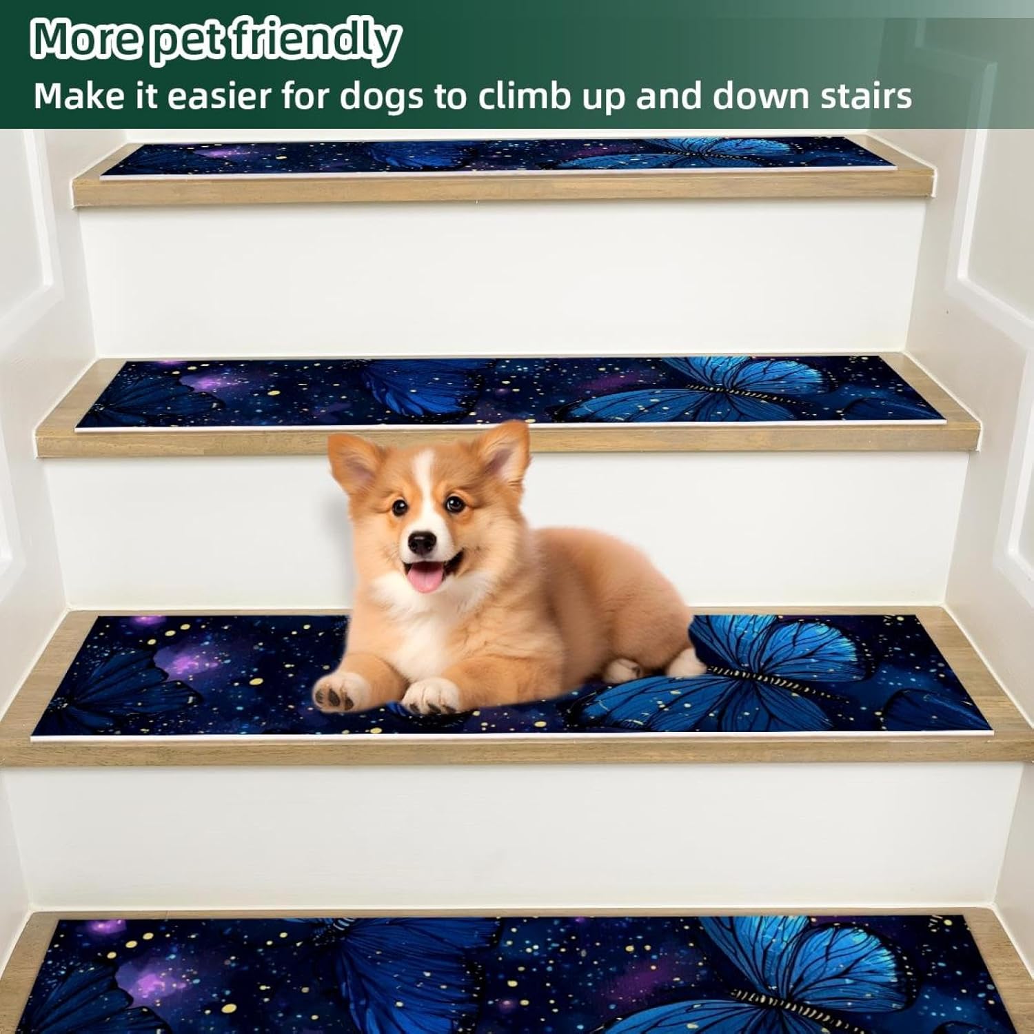 Galaxy Blue Butterfly (3) Stair Treads for Wooden Steps Indoor Runner Rug Carpet, 15 Pieces Peel and Stick Staircase Step Treads Covers Washable Throw Door Mats 30"x8"