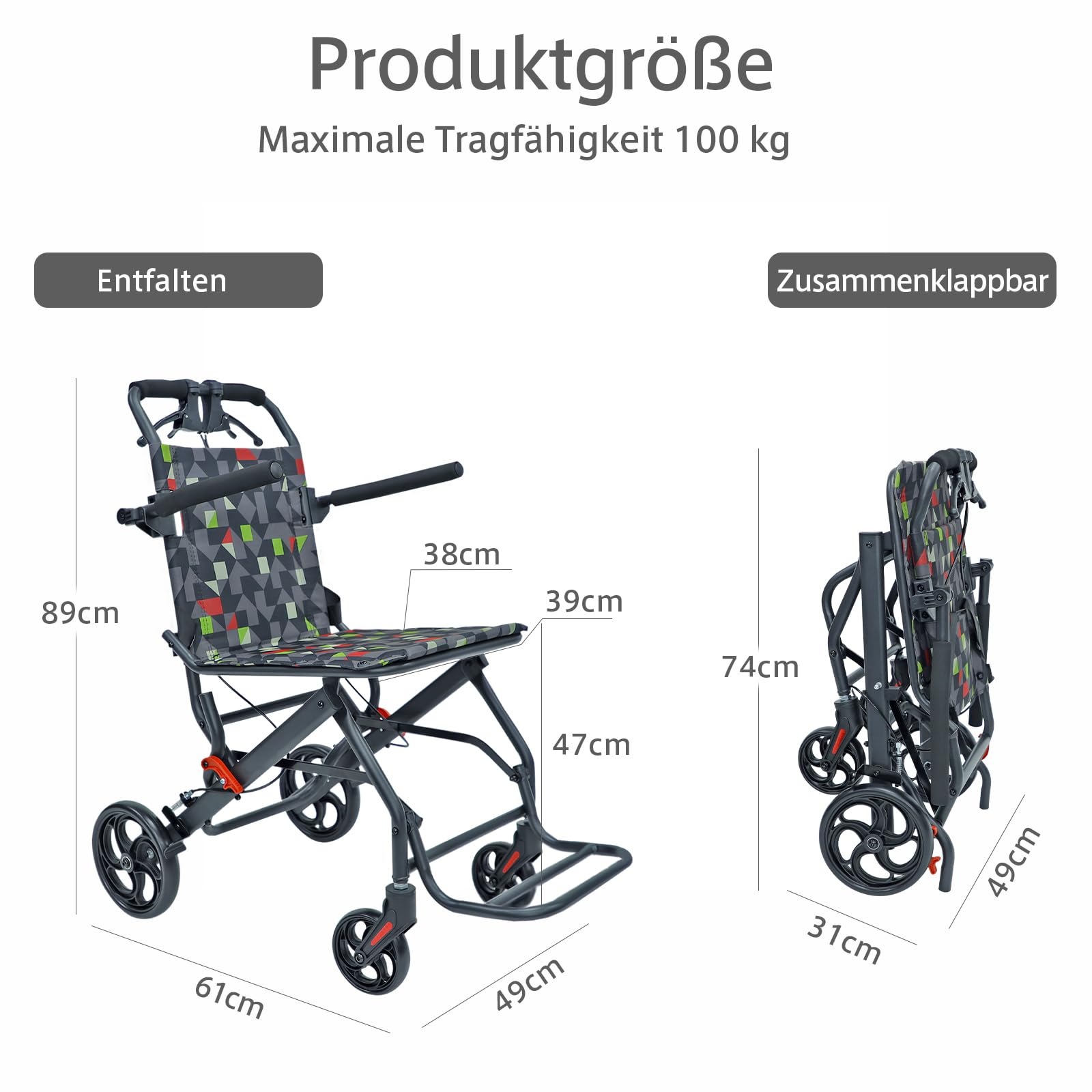 Rollstuhl faltbar,Ultraleicht(7.5kg),Aluminium,Sitzbreite:39cm,Transportrollstuhl, Zwei bremssysteme,für Behinderte und ältere Menschen,Bis zu 100 kg(IN-A068)