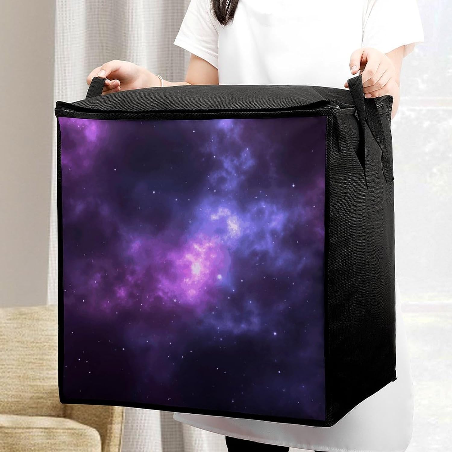 Magic Galaxy Sky Purple Storage Bag with Zippers And Handle Extra Large Bedding Comforter Storage Bag Foldable Blanket Storage Bags Fabric Moving Bags for Closet Organizer (70L)