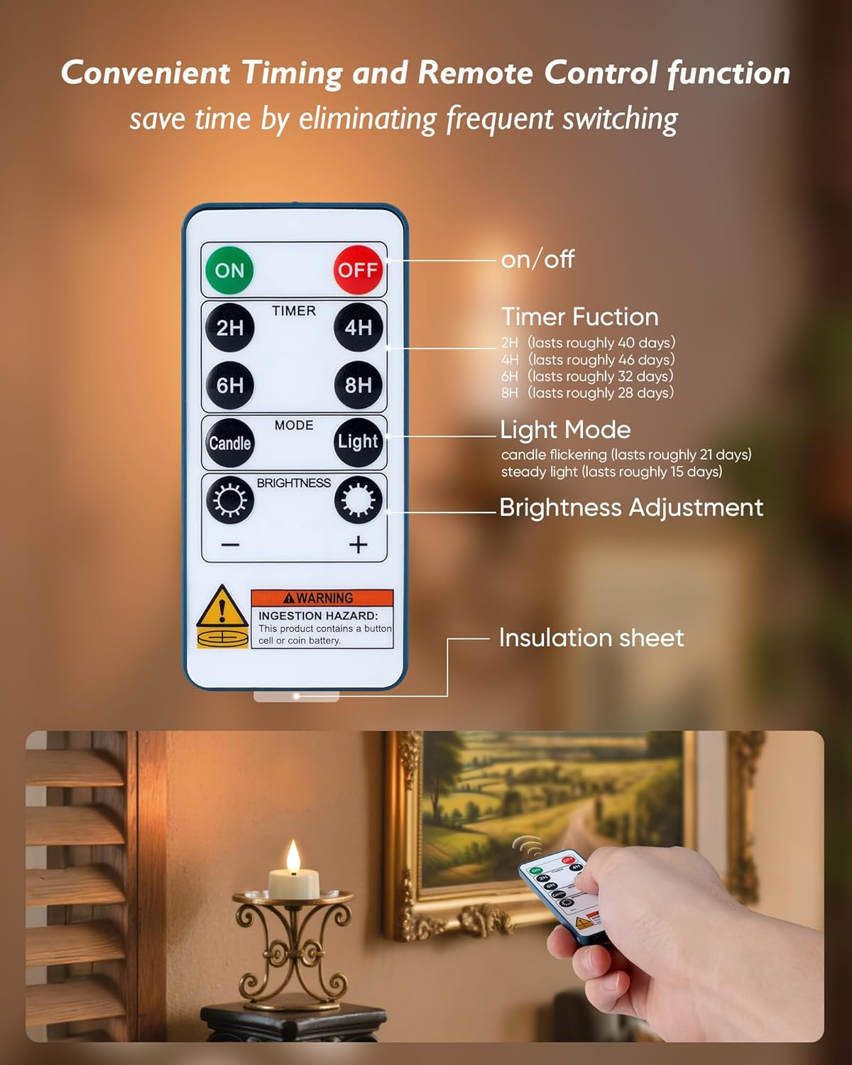 Amagic Flameless Timer Remote Tealights Candles, 3D Black Wick Flickering Tea Lights, 400+Hour White Votive Candles Battery Operated, Set of 12 for Wedding Table Decor, Halloween, Christmas, Holiday - Image 9