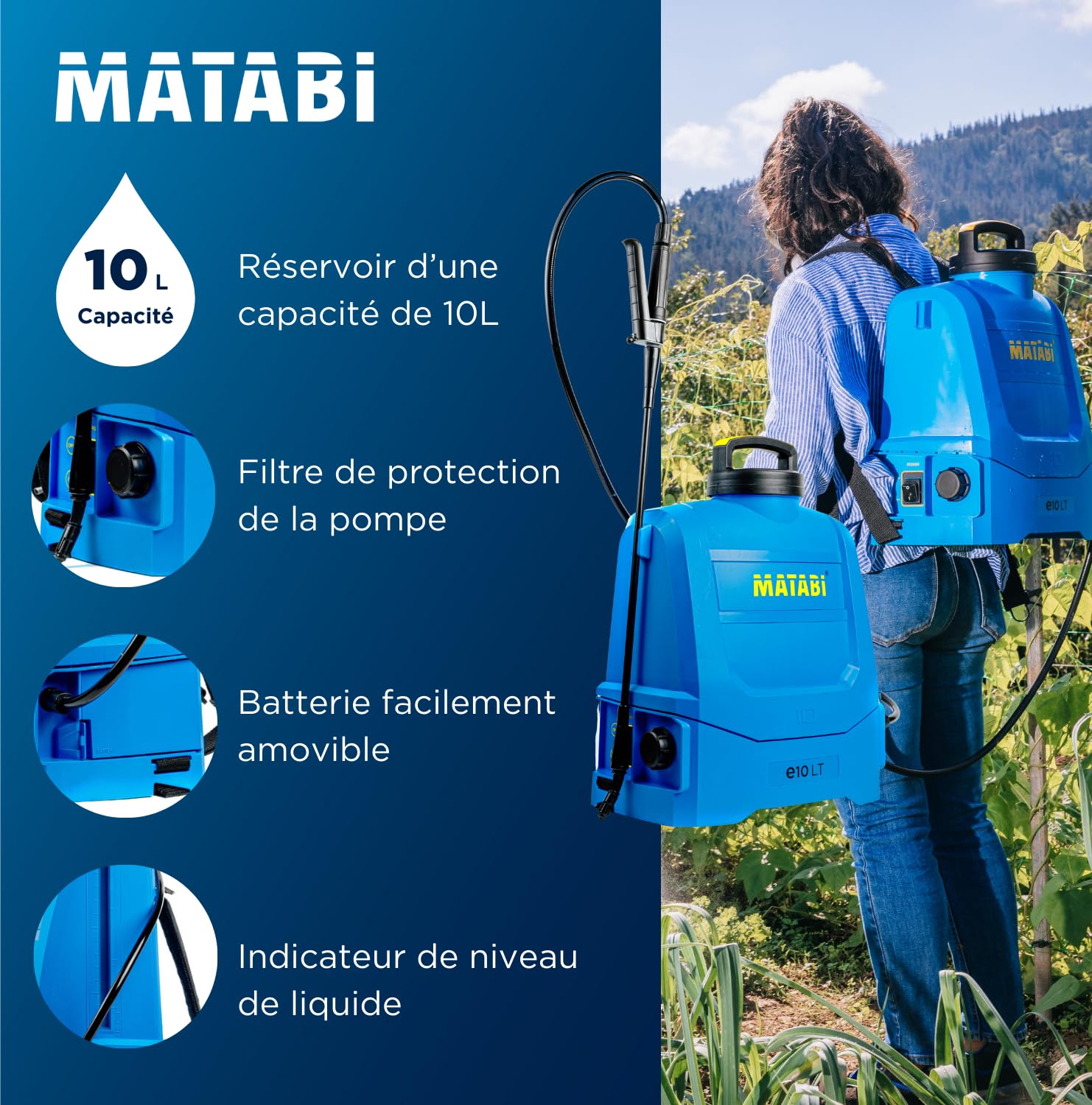 Matabi e10LT - Pulvérisateur Électrique 10L - Batterie 12V - 2 Buses | Pulvérisateur de Jardin avec Batterie à charge rapide, autonomie jusqu’à 150 L, pour potagers et jardins,pulvérisateur dorsal