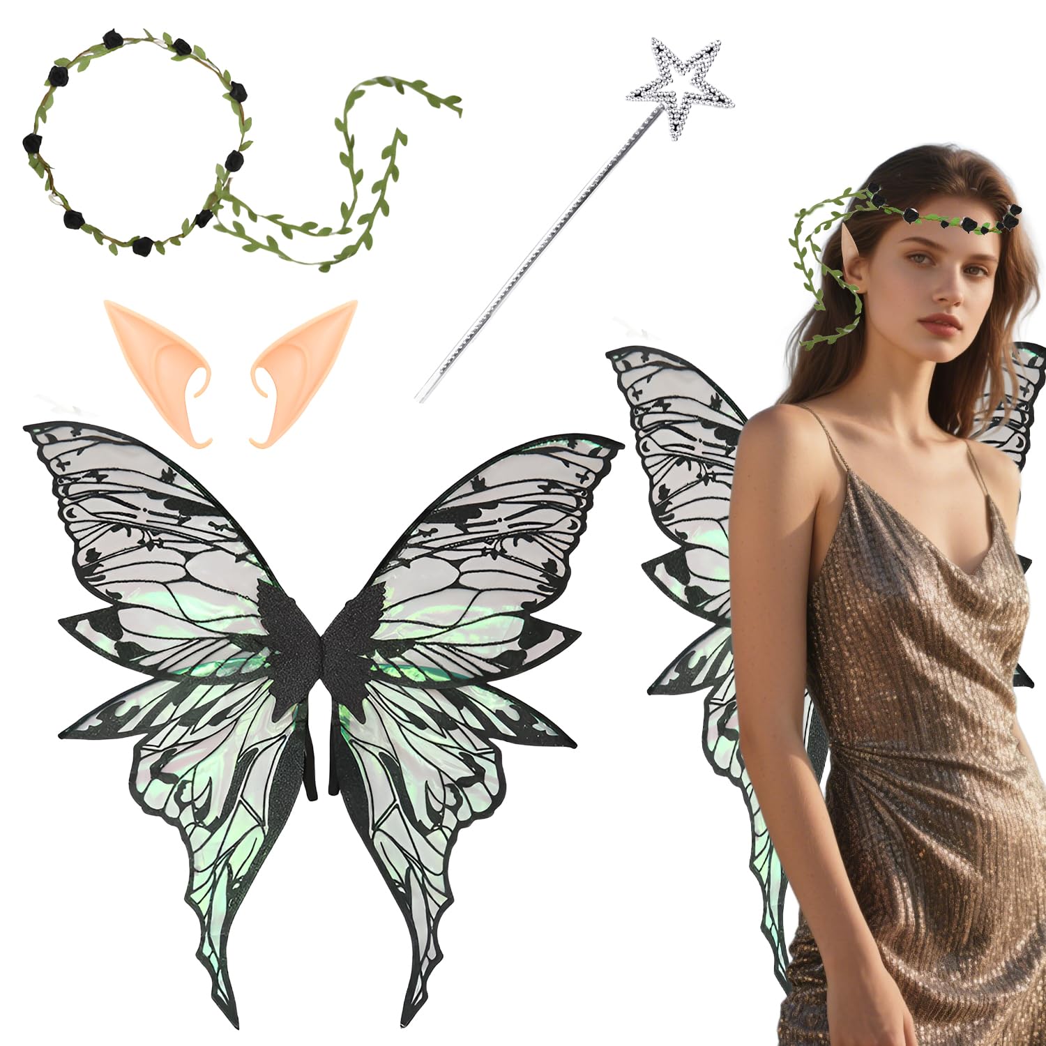 Dandin Fairy Wings Adult,Fairy Costume Butterfly Wings for Adult Kids,Sparkling Sheer Angel Wings Dress Up Party Favor,Fairy Princess Wings with Elf Flower Headband for Halloween Party Cosplay