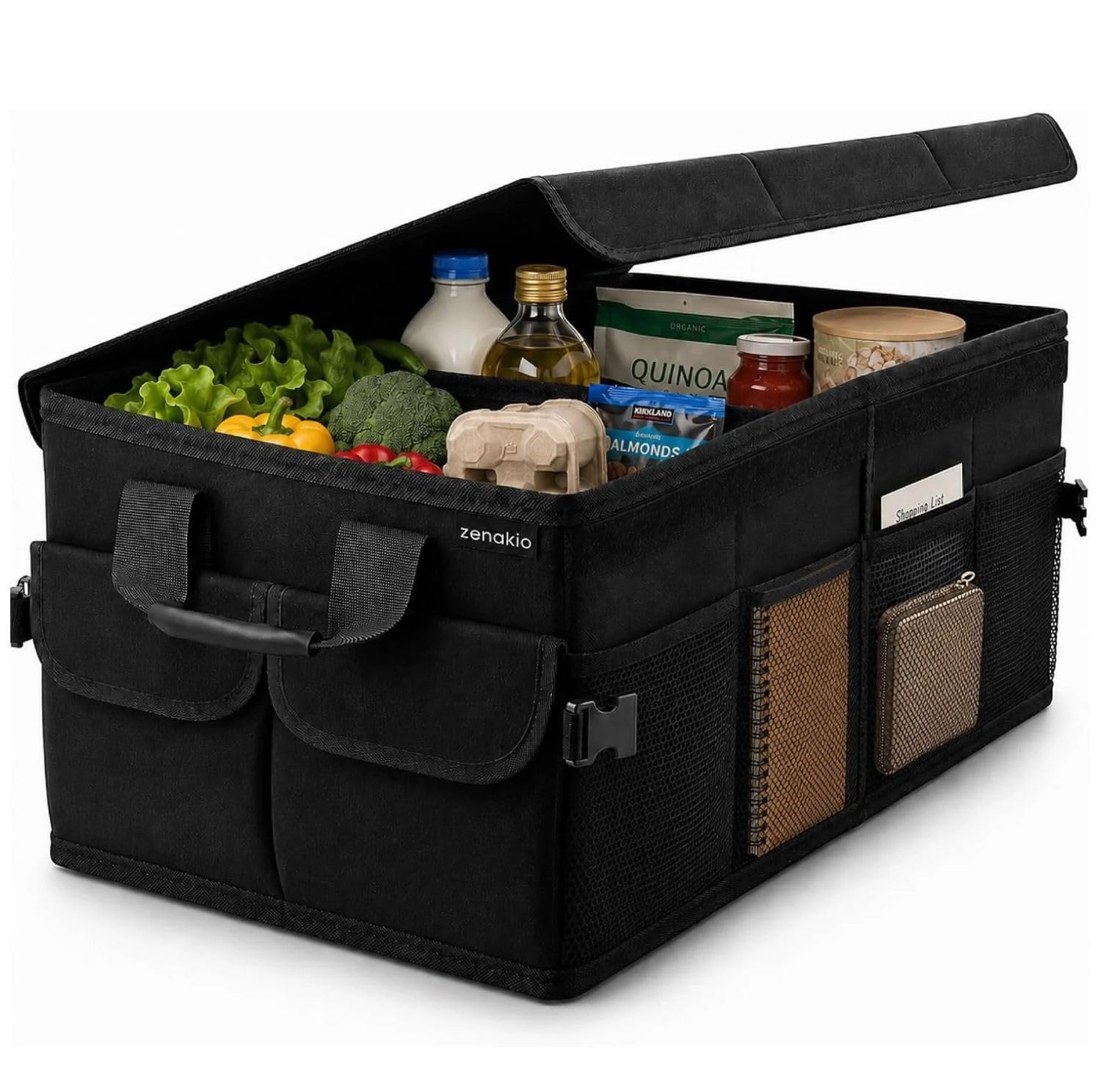 ZENAKIO Premium Kofferraum Organizer mit Deckel - Auto Organizer Faltbar Stabil & Rutschfest - Auto Kofferraum Organizer Schwarz 62 x 35 x 25 cm