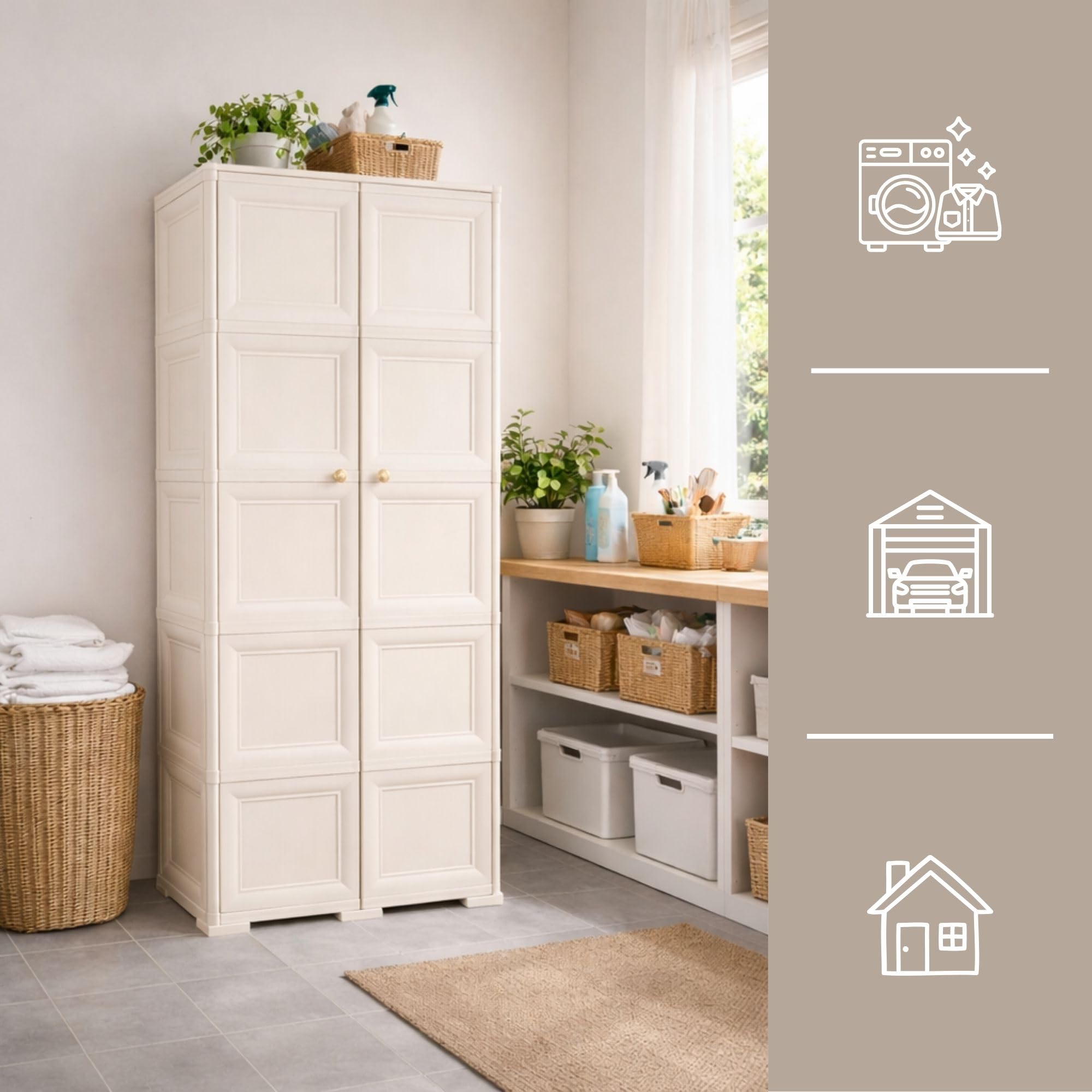 Armadio in Plastica 79 x 43 x 203 cm con 5 Moduli – Mobile Alto Contenitore Salvaspazio per Organizzazione Casa, Zona Living e Ingresso (Angora)