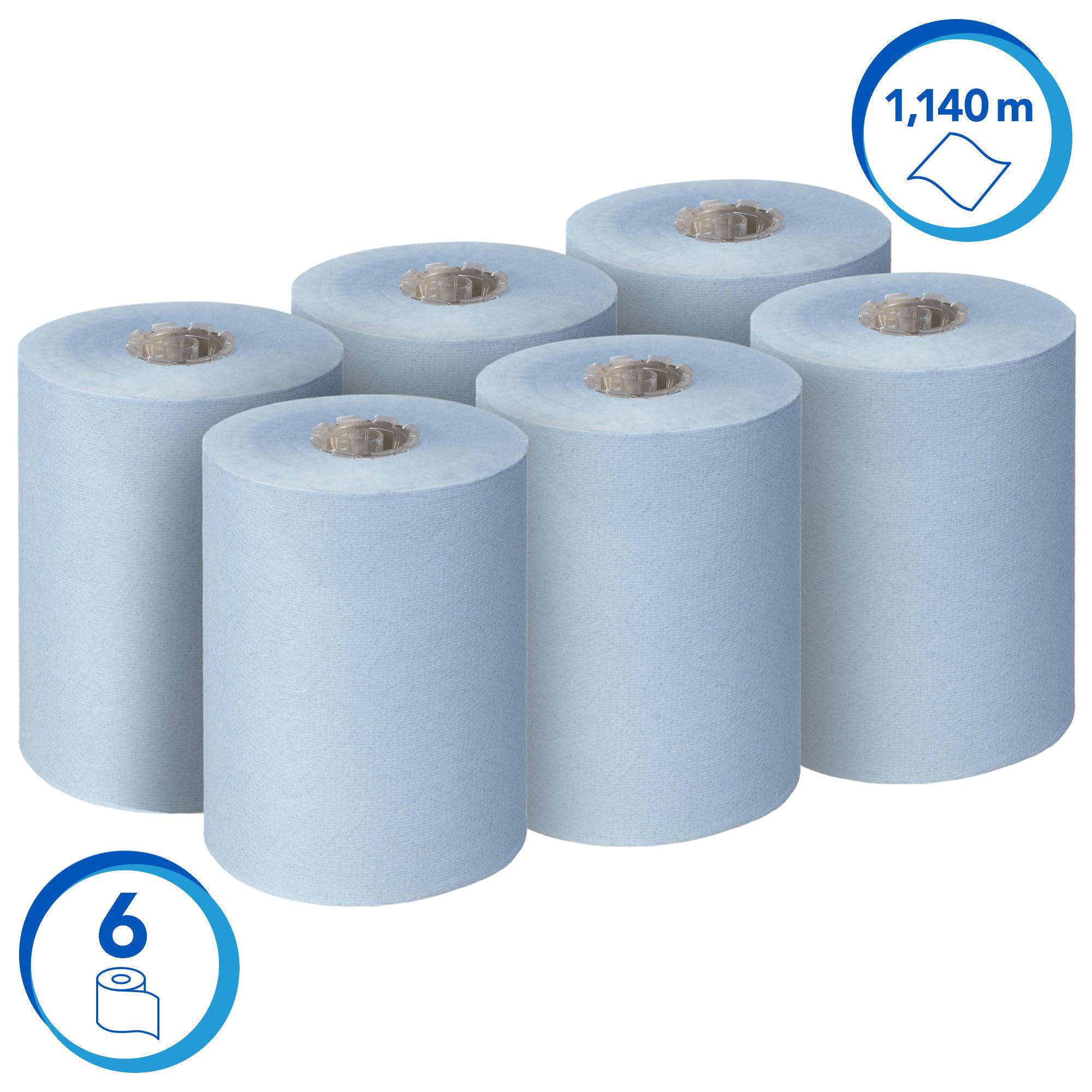 Ręczniki papierowe do rąk w rolce Scott Essential Slimroll 6696 — niebieskie ręczniki papierowe — 6 × białe rolki papieru o długości 190 m (łącznie 1140 m)