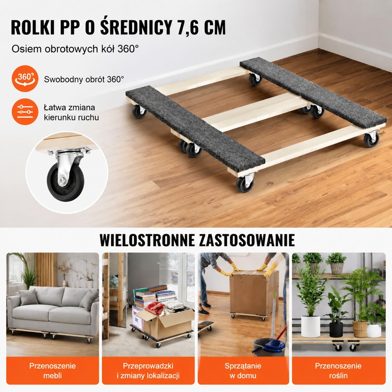 Zestaw wózków meblowych, 2 sztuki, drewniana platforma, 8 kółek obrotowych, udźwig 450 kg, do transportu domowego