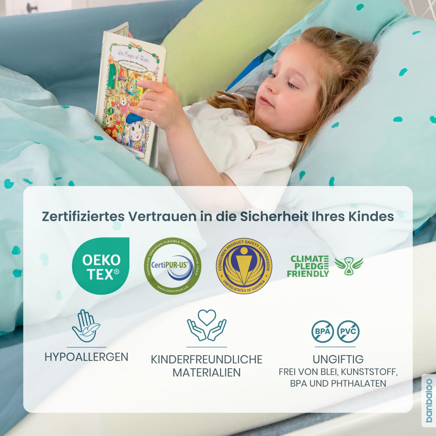 BANBALOO - Rausfallschutz für Kinderbett - Bettrolle für Kleinkinder Bett, Randkissen mit Memory-Schaum-Polsterung, Bettschutzgitter - Rutschfestes Tragbares Trennkissen - Bettgitter Rausfallschutz