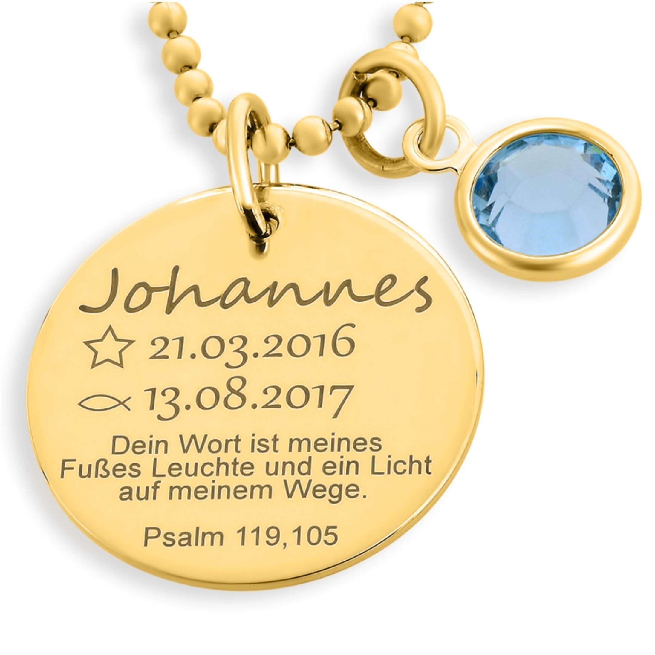 Taufkette Gold Junge Mädchen Gravur Taufspruch Namenskette Taufe Monatsstein Taufschmuck mit Daten Psalm Taufspruch Taufe Geschenk Goldkette Geburt Baby | HANDMADE IN GERMANY