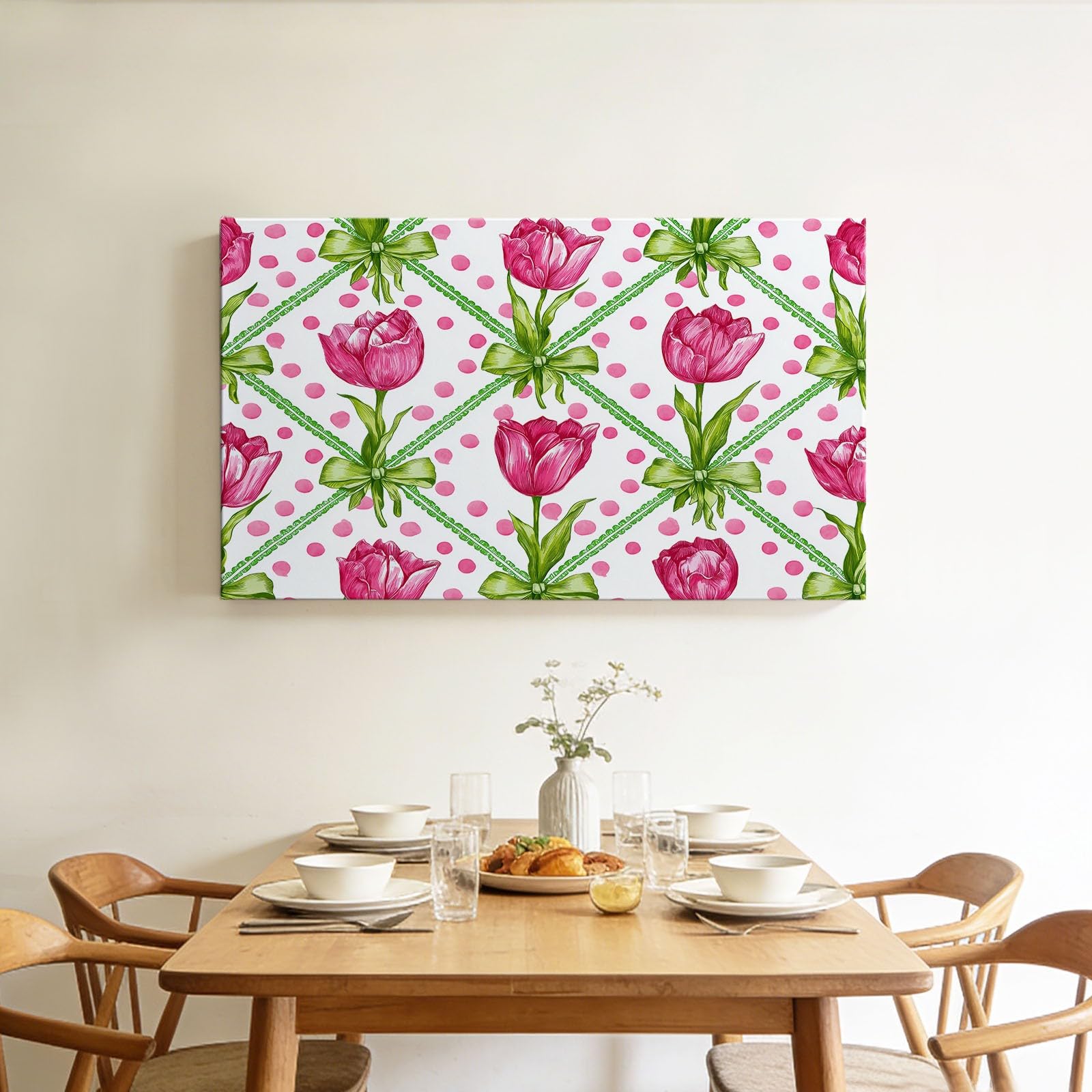 Tulpe Floral Rosa Punkte Karo Modernes Leinwandbild 120L x 60B cm mit Rahmen, Französischer Landhaus XXL Wanddeko für Wohnzimmer Geschenk Idee Einzug - Hochwertiger Kunstdruck auf Holzrahmen