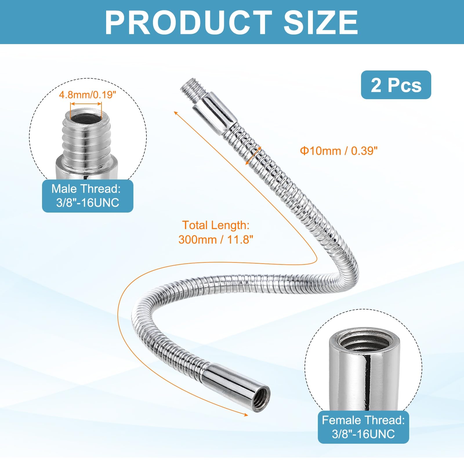 PATIKIL 2Pcs 12" Gooseneck Tube, 3/8" Male to Female Thread Heavy Duty Metal Universal Microphone Flexible Gooseneck Hose Arm Extension Tube for Action Camera Mic/Phone Holder, Chrome - Image 2