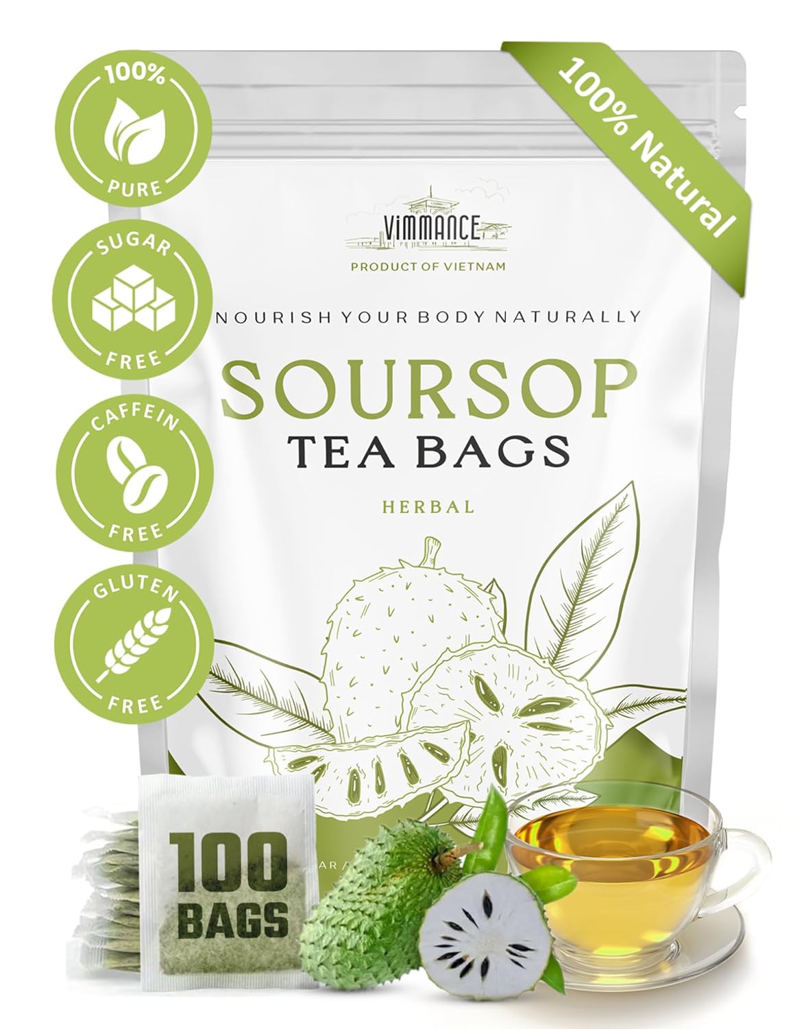 VIMMANCE Soursop Tea Bags, Graviola, Guanabana Tea, Vietnamese Herbal Tea, 100% Natural, Gluten Free, Caffein Free, Sugar Free, Not Bitter but Balance Taste (100 Tea Bags)