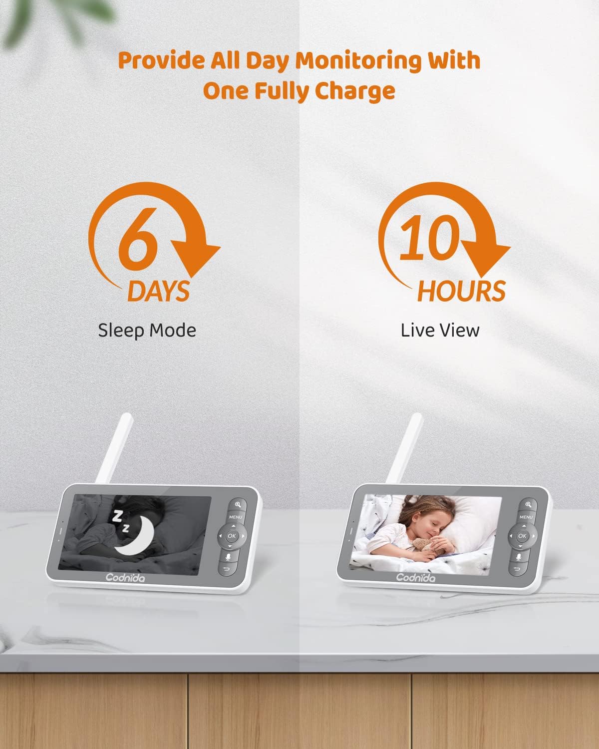 Infographic showing 6 days sleep mode and 10 hours live view výdrž baterie