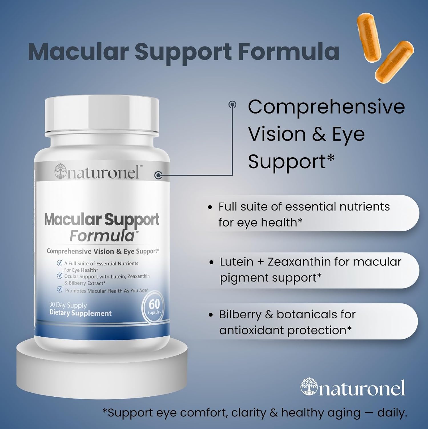 Macular Support Formula – Vision & Eye Health with Lutein, Zeaxanthin, Bilberry, Eyebright & Antioxidants | Non-GMO, Made in USA, GMP Certified – 60 Capsules, 30 Day Supply (1)