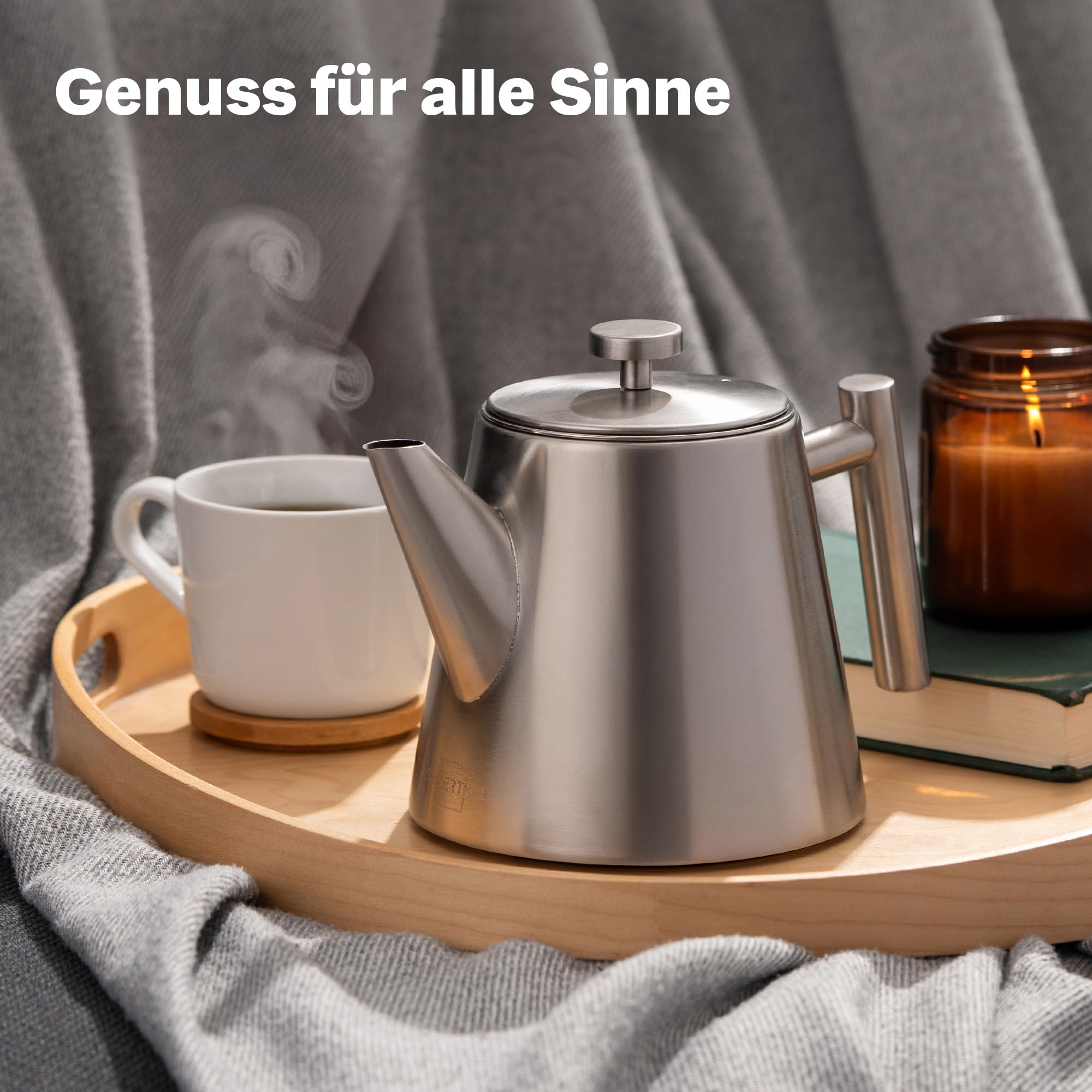 SILBERTHAL Teekanne mit Siebeinsatz (1L) Silber - Aus Edelstahl - Doppelwandige Kanne mit Deckel - Hält lange warm - Tee Geschenk