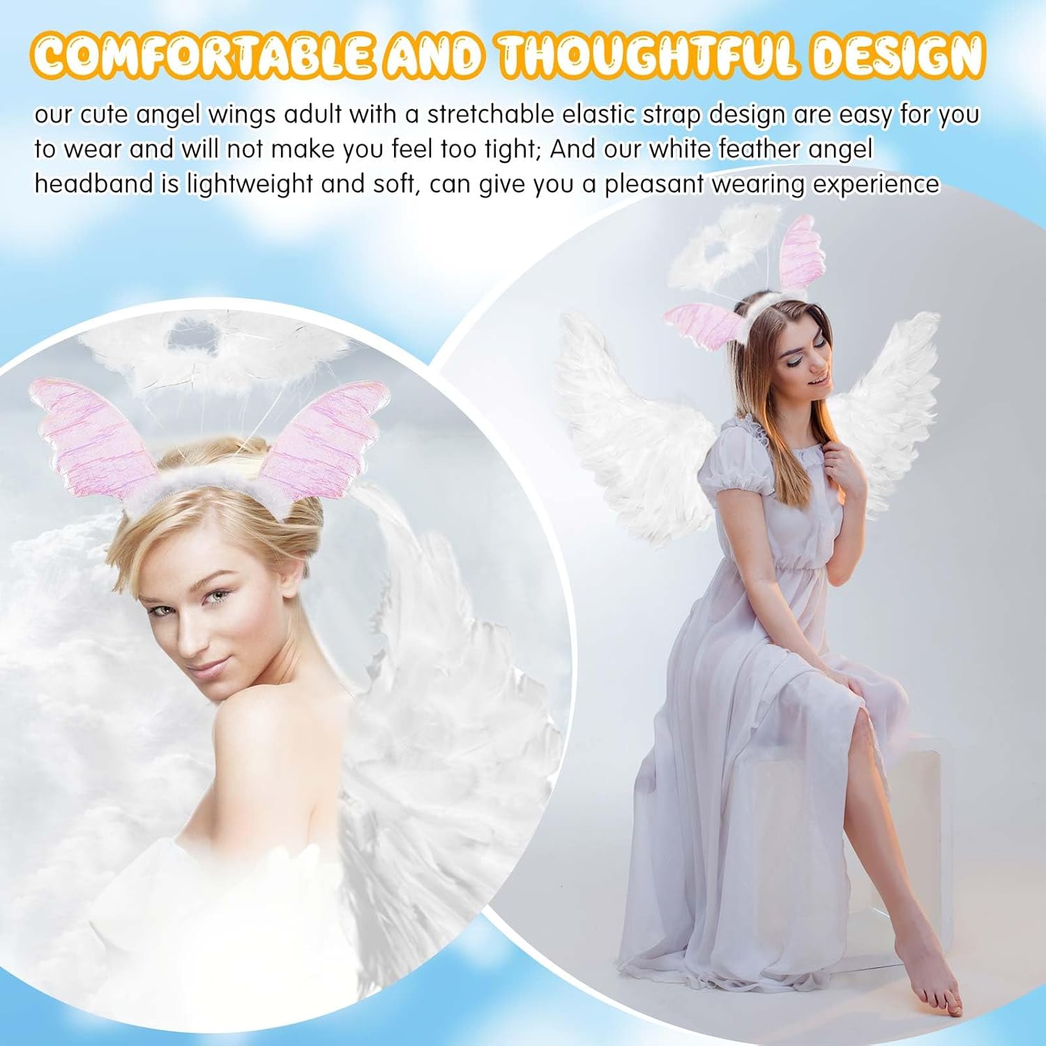 Panitay 24 Pcs Angel Costume Set Feather White Wings and Headband Bulk for Adults Cosplay Mardi Gras Party