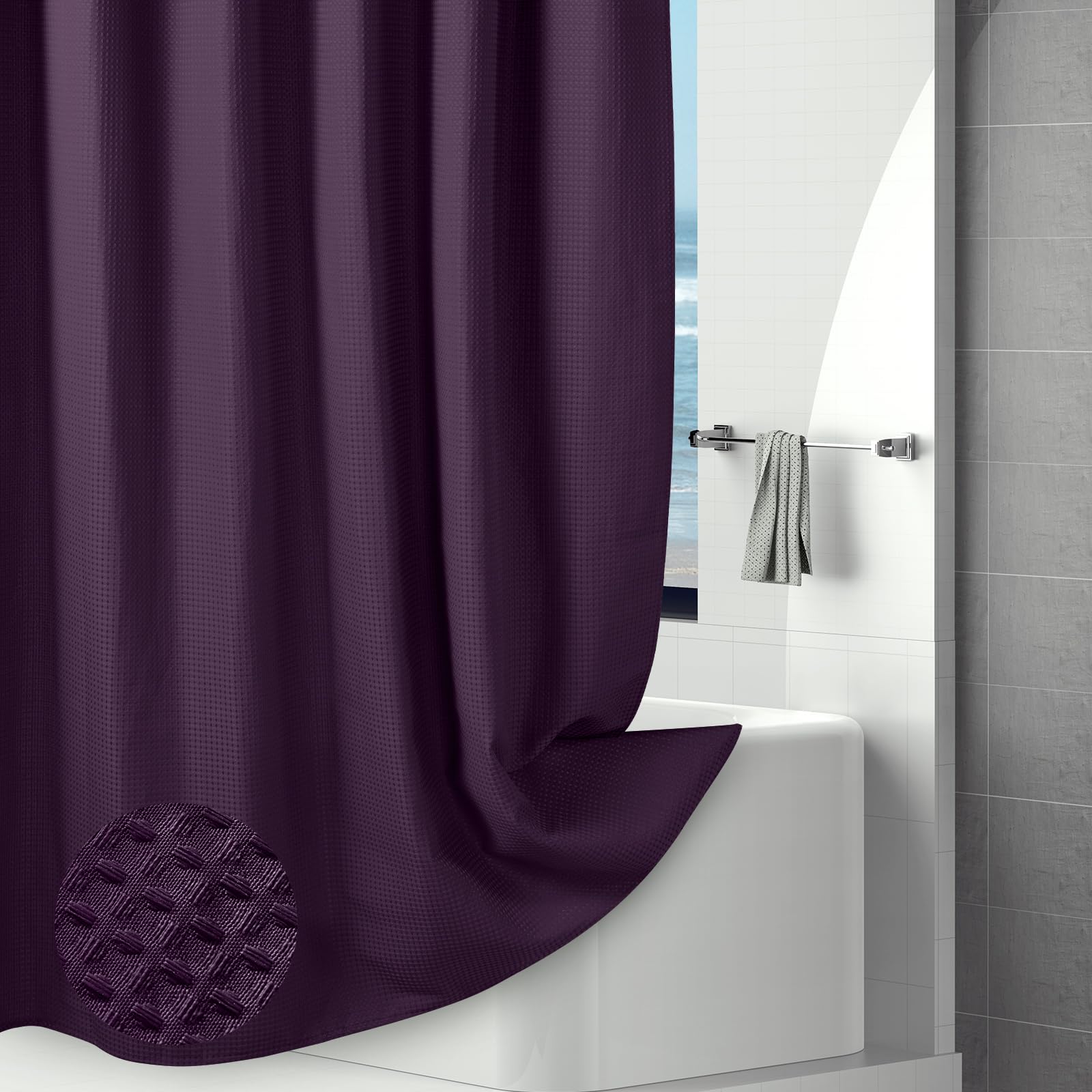 Hotel Style Waffle Weave Shower Curtain, Water Repellent Heavy Duty Fabric Texture Bath Curtain with Weighted Hem, Washable Wet Room Shower Curtains for Bathroom and Bathtub, 183x183cm, Purple