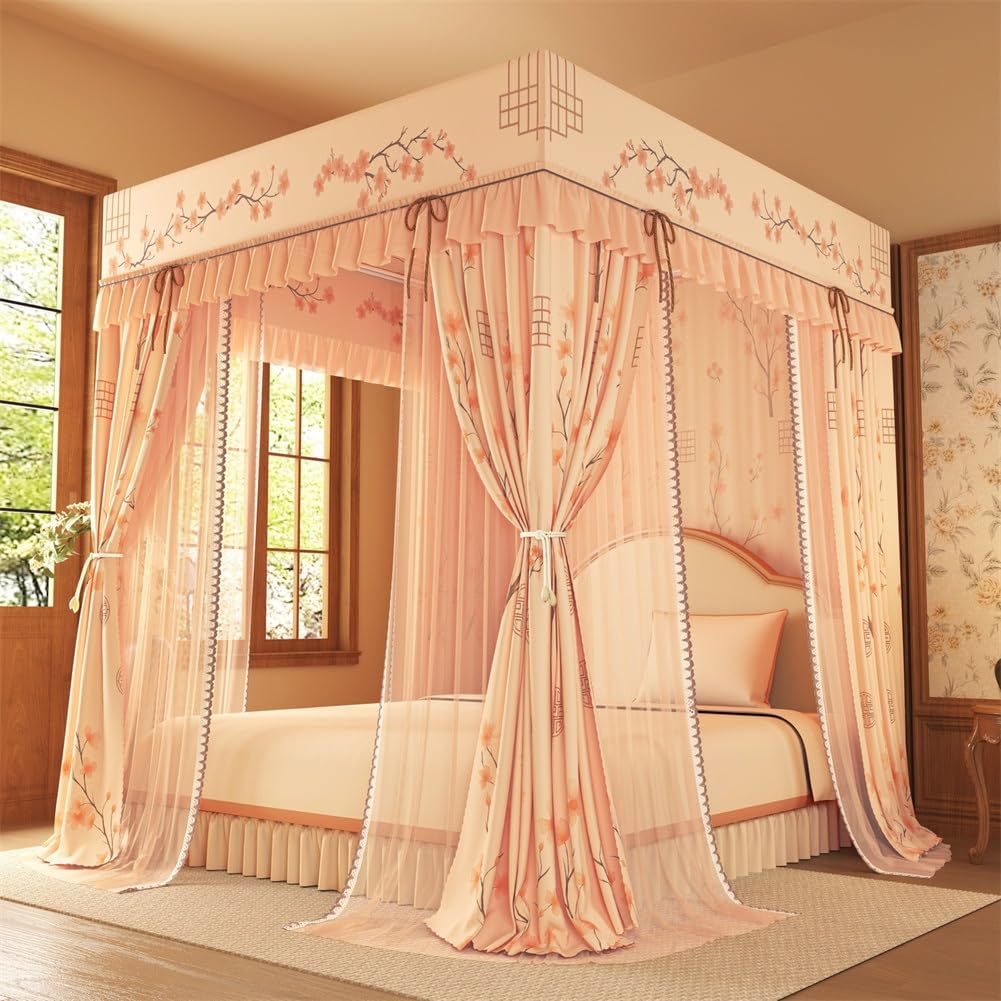 Cortinas de cama con dosel encaje floral 4 esquinas poste doble capa