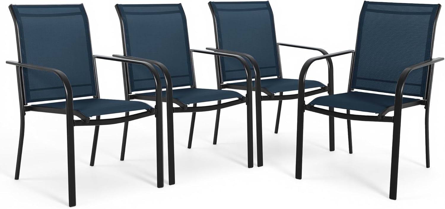 Oakcloud 4 Pieces Patio Wrought Iron Chairs, Metal Frame & Textilene Fabric Outdoor Dining Chair, Stackable Dining Chairs with Armrest for Garden Backyard, 250 LBs (Blue)