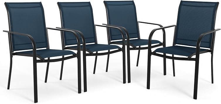 Oakcloud 4 Pieces Patio Wrought Iron Chairs, Metal Frame & Textilene Fabric Outdoor Dining Chair, Stackable Dining Chairs with Armrest for Garden Backyard, 250 LBs Blue