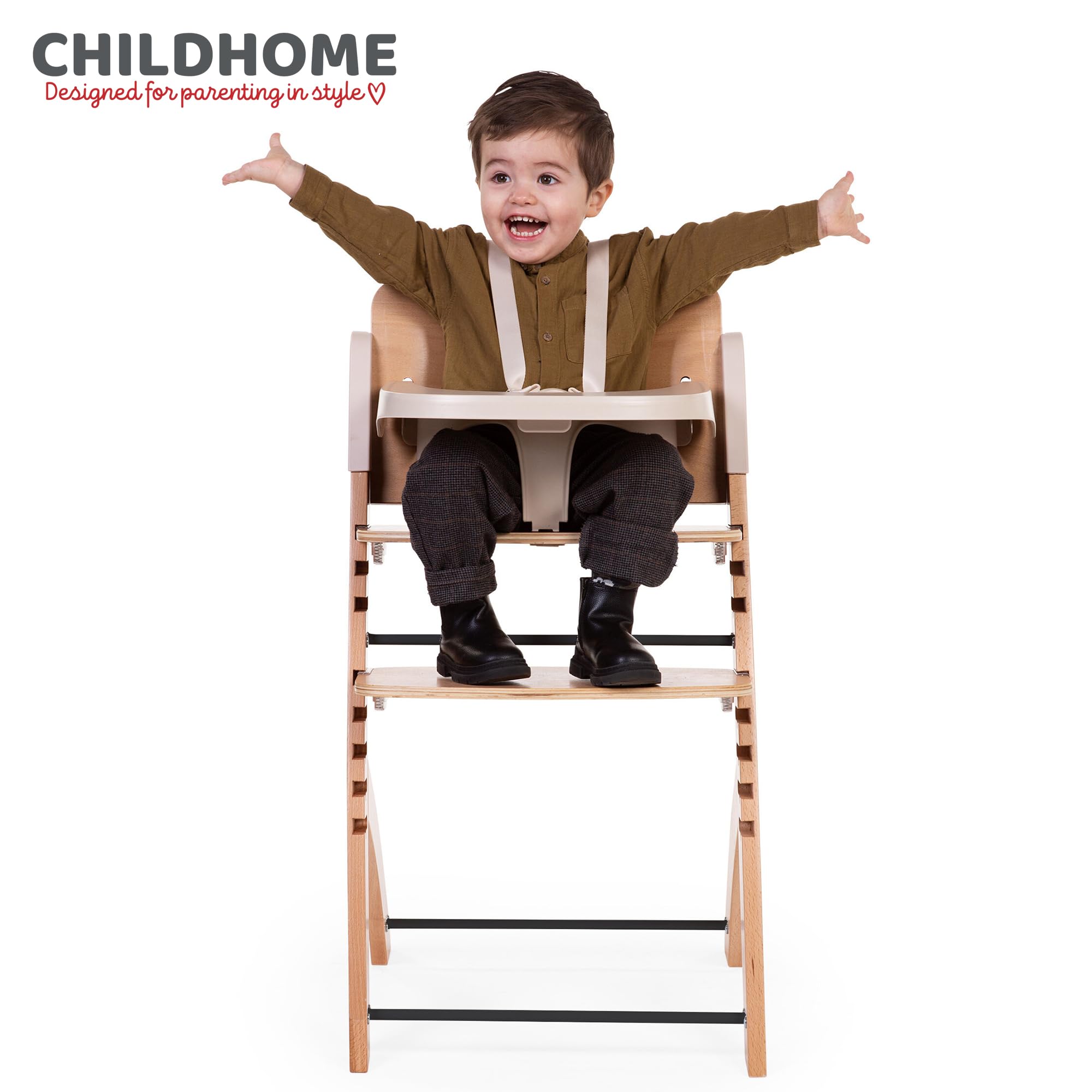 CHILDHOME, Trona Evolutiva : De 0 meses a 85KG, Tableta incluida, Madera de haya, Barra antivuelco, Arnés de seguridad de 5 puntos, Tornillos invisibles, Evosit Natural Beige