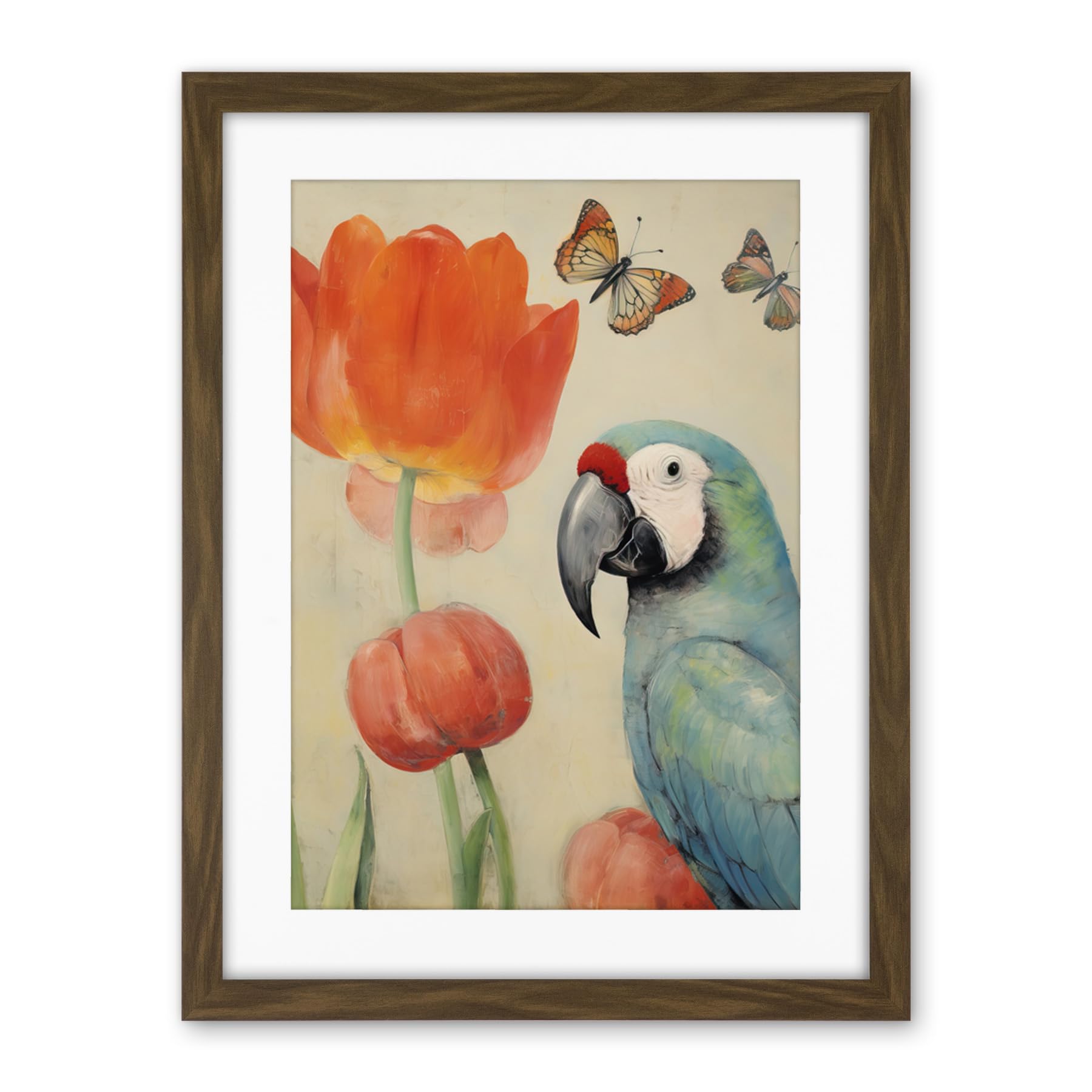 Artery8 Parrot and Tulips Flowers Butterflies Pastel Colour Artwork Floral Spring Oil Painting Artwork Framed Wall Art Print 18X24 Inch