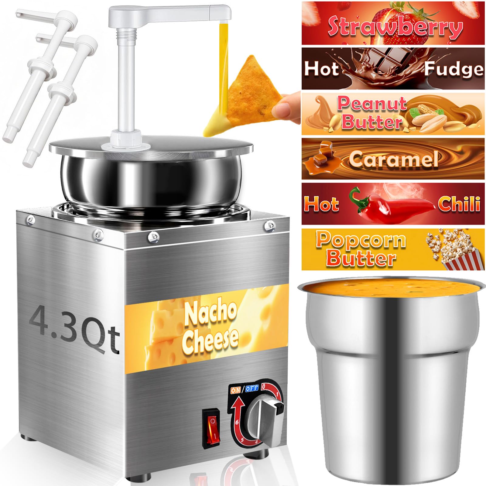 Nacho - Dispensador de queso con bomba, calentador de salsa de acero inoxidable, 30 a 90 °C, 6 niveles de temperatura ajustables, caramelo caliente, caramelo, mantequilla de maní