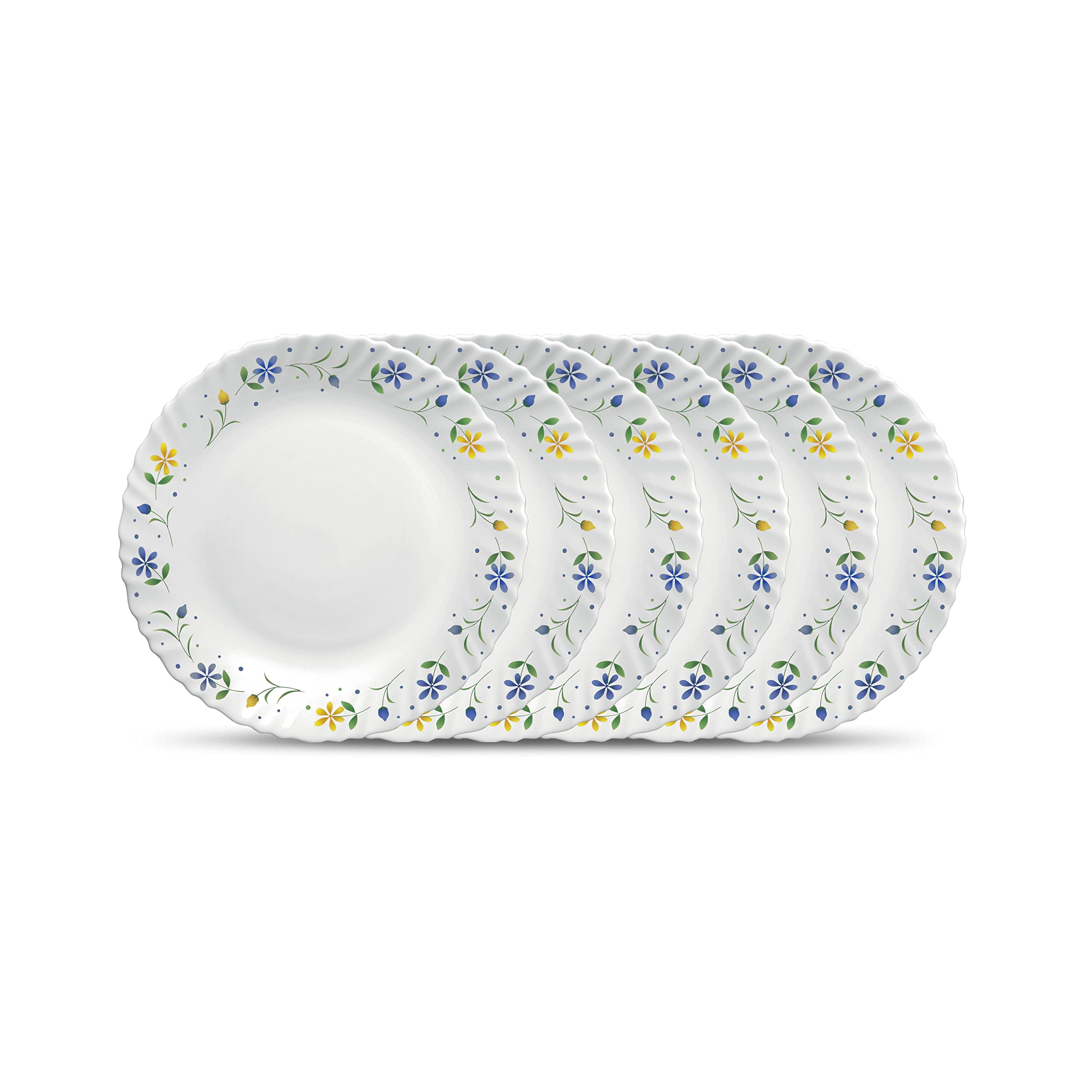 La Opala Diva Classique Collection Opal Glass Crockery | Full Plate Set of 6 | Twilight Bouquet Design | for Dining & Gifting | Microwave Safe | 100% Vegetarian | Extra Strong | Super Light & White