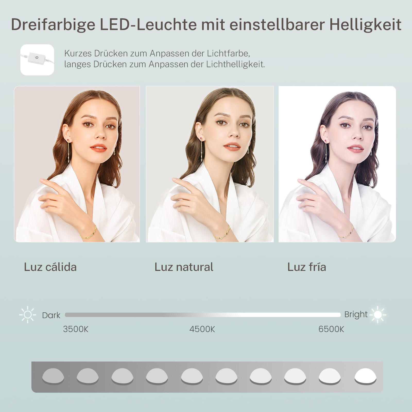 TEENFON Toeletta Trucco con Luci e Prese a Led Regolabili, Toletta con Grande Specchio, Tavolo da Trucco con 7 Cassetti, 4 Ripiani Aperti e 5 Ganci per Gioielli per la Camera da Letto, Bianco