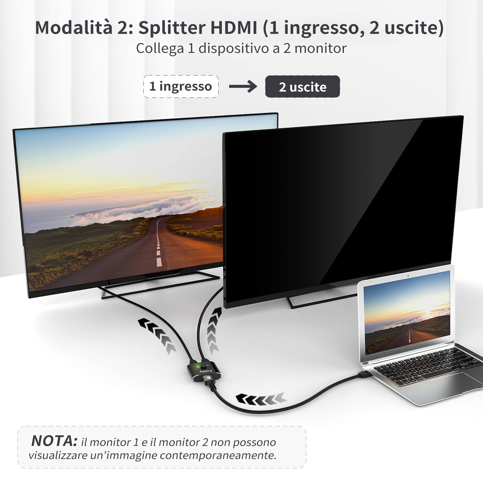 Switch HDMI 4K@60Hz, Splitter HDMI【con Cavo da 1M(3.3ft) 】Bidirezionale Sdoppiatore hdmi 2 Ingressi a 1 Uscita o 1 Ingresso a 2 Uscite (Nero con Cavo da 1M)
