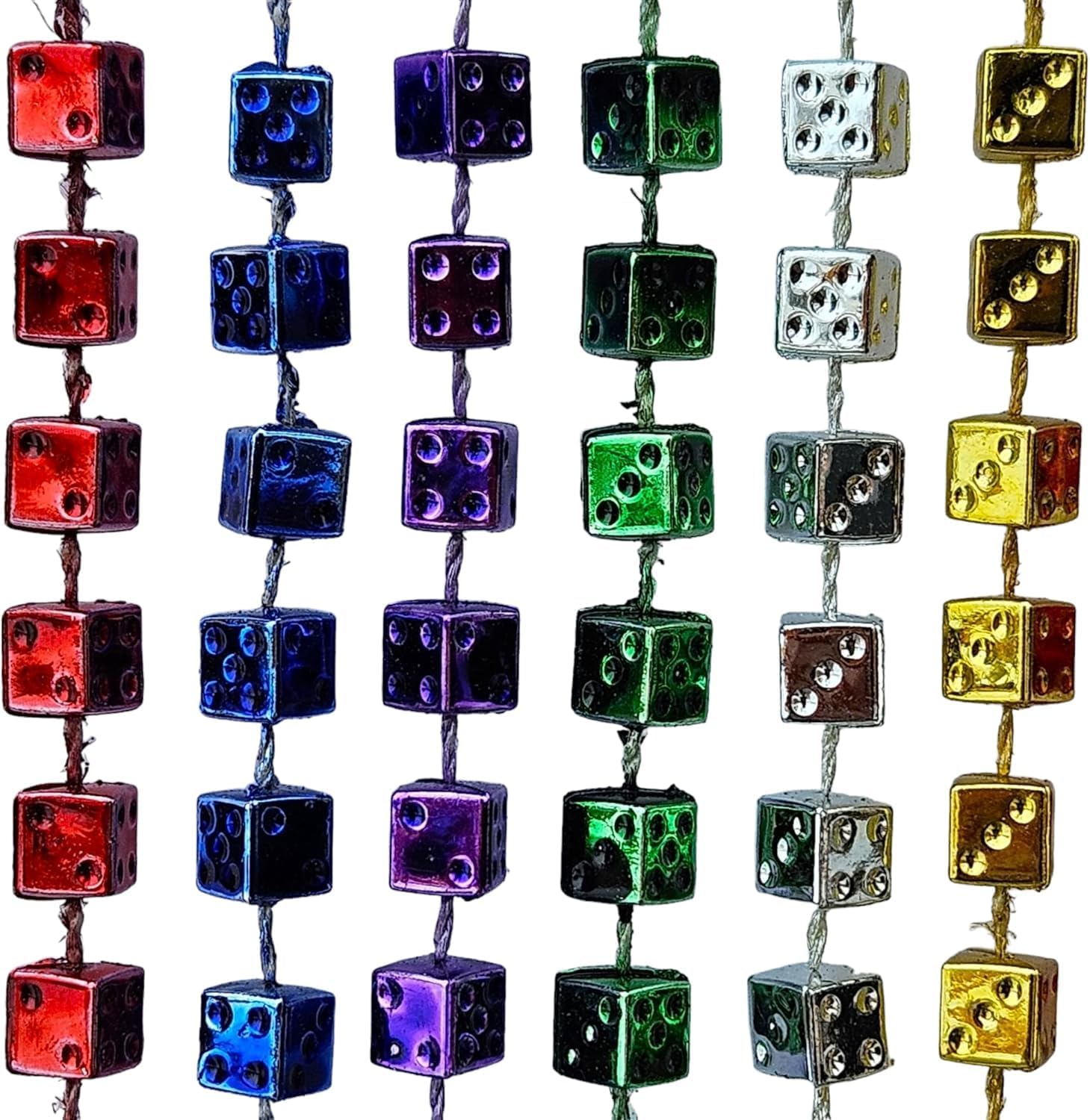 Bunco Dice Bead Necklaces – 12 Total Necklaces (33” Long) with 7.5MM Dice Beads, Assorted Mardi Gras Colors, Fun Bunco Prizes for Ladies Night, Casino Party & Group Events
