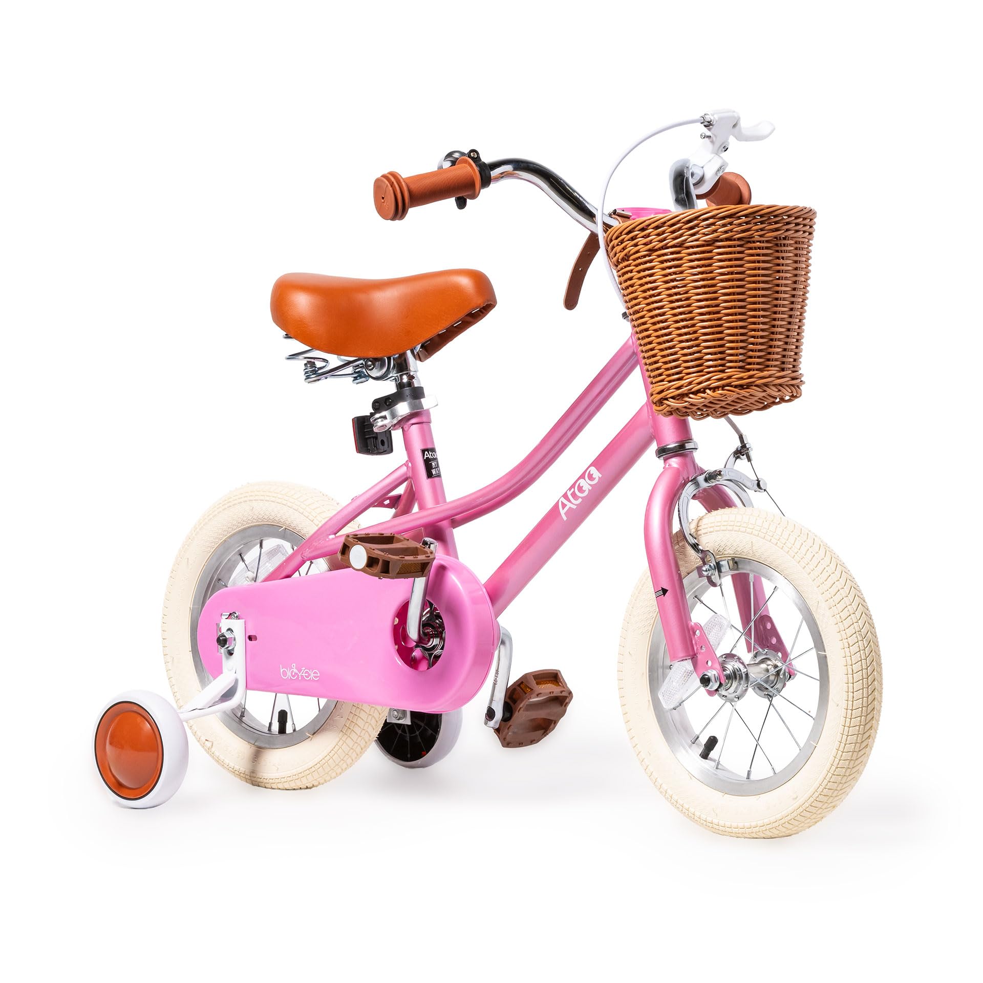ATAA Bicicleta Infantil Estilo Retro Disponible en 12" 16" y 20" Pulgadas en Rosa y Azul con ruedines Ajustables o Caballete Cesta Delantera y Timbre para niñas y niños Coaster