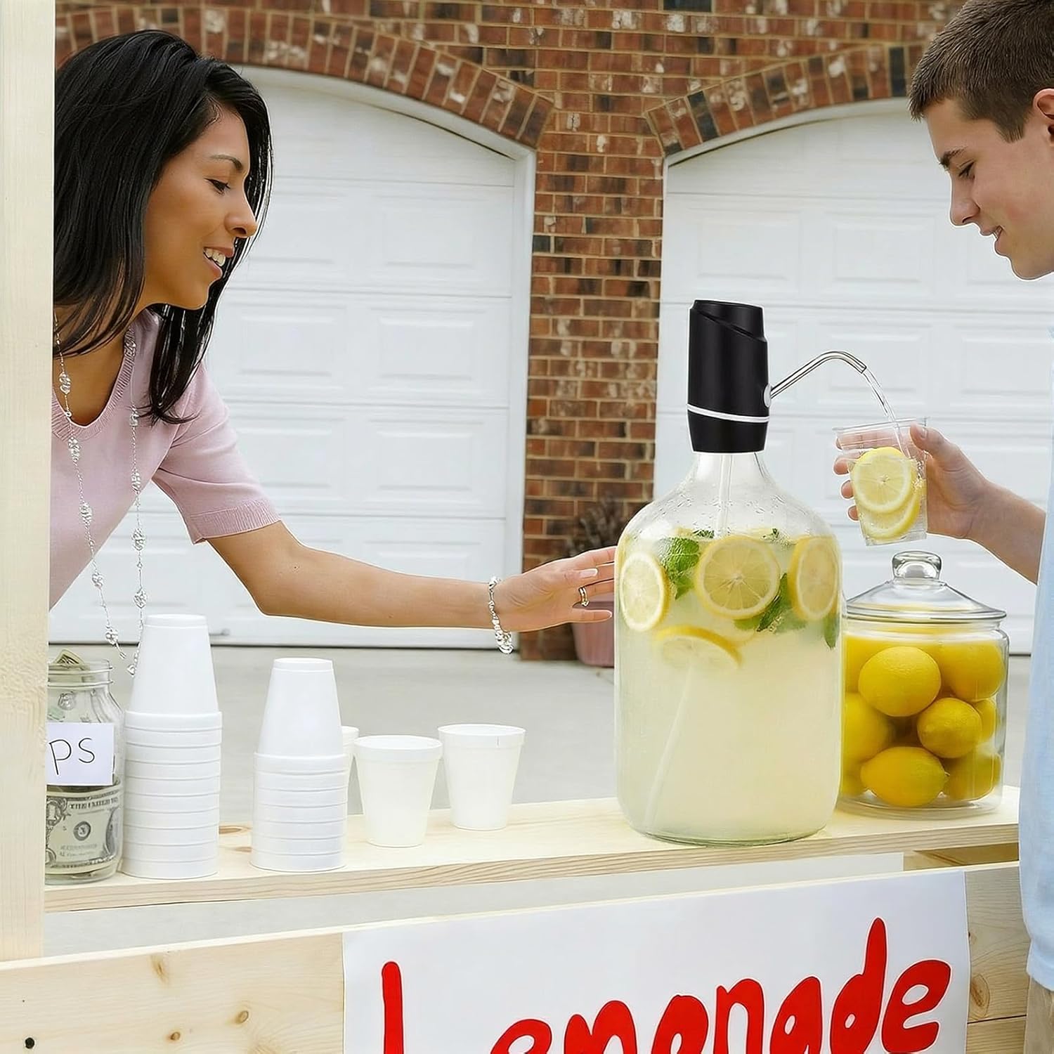 Maxdot 4 Pieces Lemonade Stand Supplies, 5 Gallon Electric Water Dispenser with Straw Brush, Straw Puncher for Plastic Lids, Lemonade Cups, Stainless Steel Muddler for Fresh Squeezed Drinks