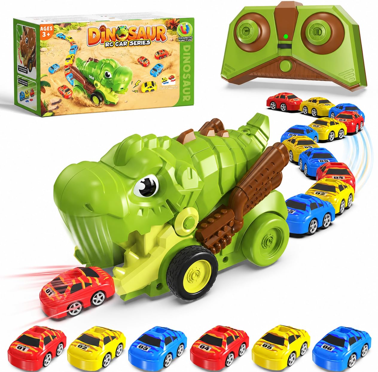 Innofans Remote Control Dinosaur Truck with Swallowing Function, 2 Player Head to Head Battle Game, Comes with 12 Mini Race Cars to Swallow, RC Dinosaur Toy for Kids Ages 3-8, Birthday Gift for Boys