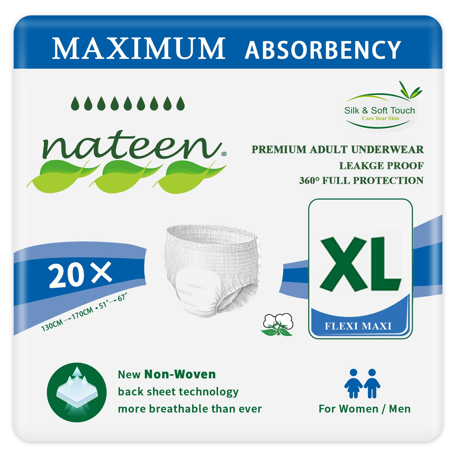 Nateen Flexi Maxi Adult Incontinence Underwear, Unisex Pull-ups Maximum Absorbency Underwear, Overnight Leak Protection. (X-Large, 20 Count)
