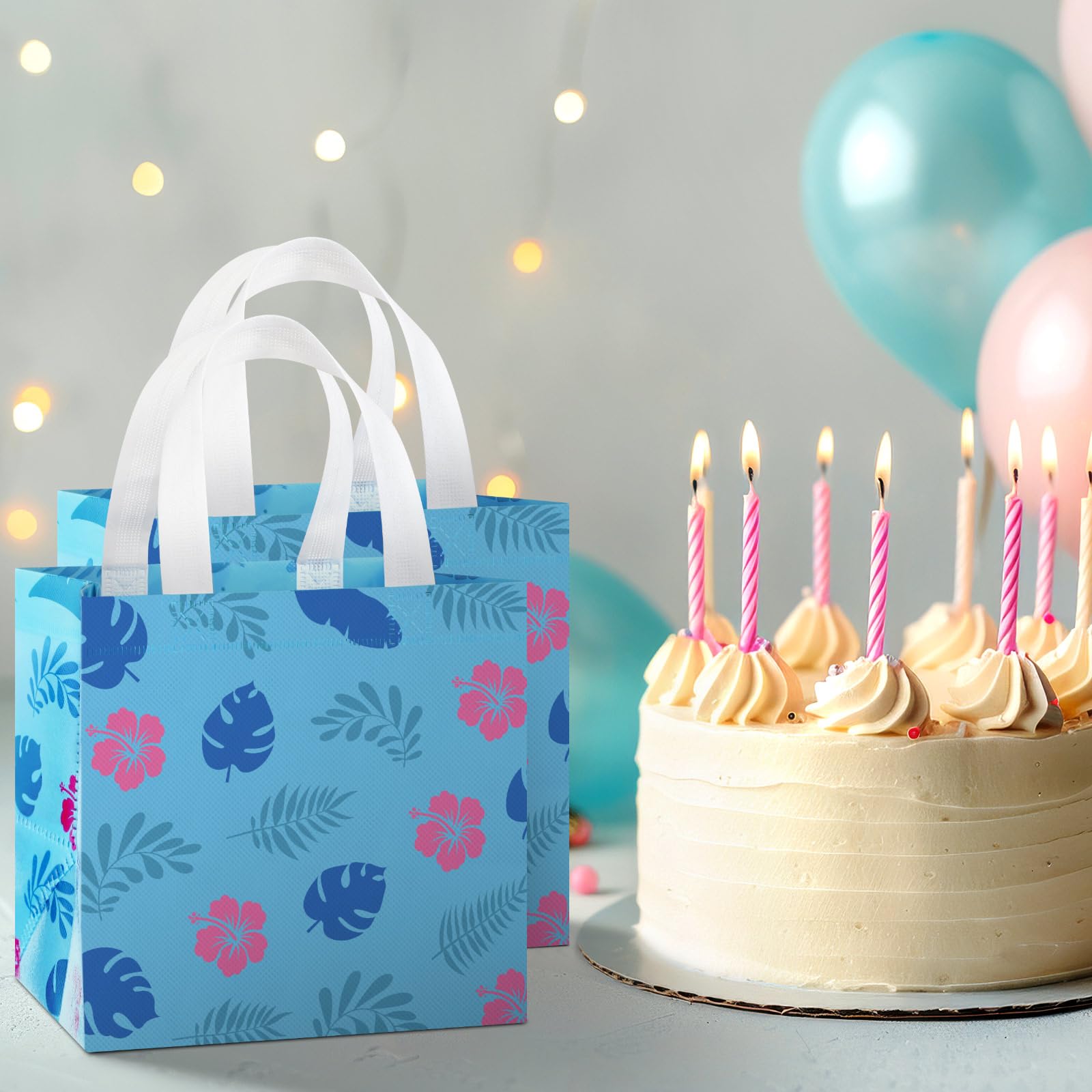 Sayglossy 48 Pcs Cute Cartoon Party Favor Gift Bags with Handle Cartoon Animation Non Woven Goodie Bags for Birthday Party Supplies Decorations(Hawaii Style)