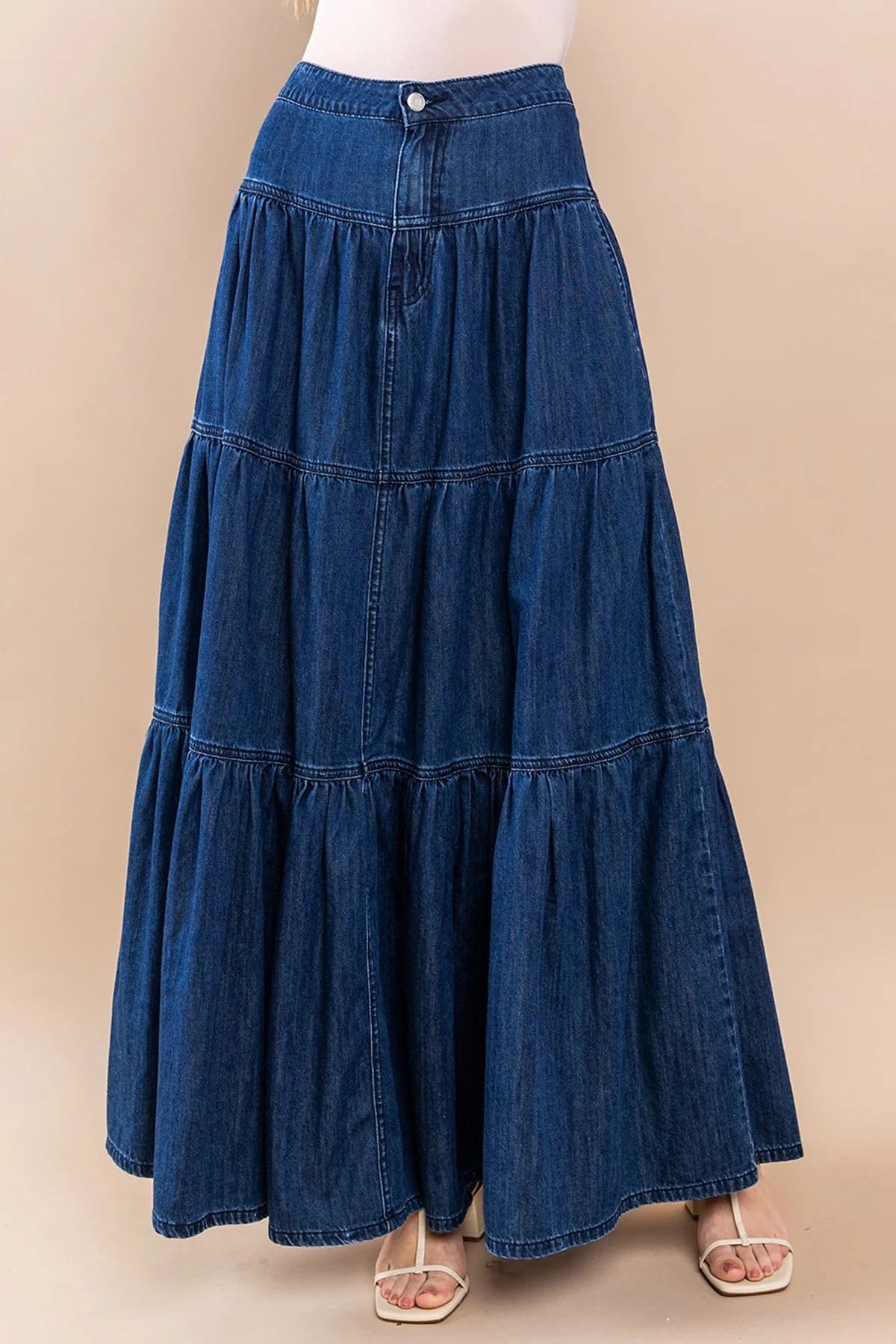 Falda Larga Vaquera De Talle Alto para Mujer con Botones Estilo Bohemio Fluida Plisada con Volantes Y Corte En A con Bolsillos Ideal para Viajes Y Salidas Informales.