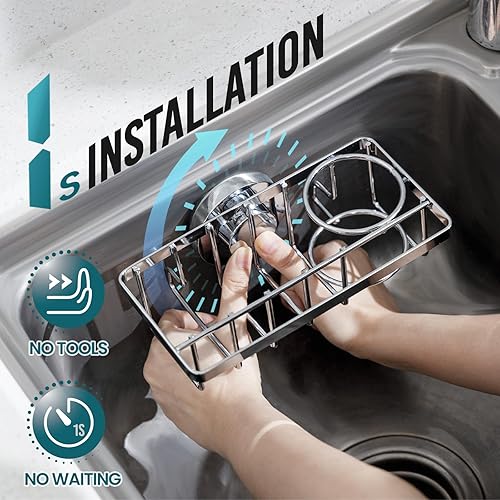 Miniatura 2 de TAILI Soporte de esponja 4 en 1 para fregadero de cocina con fuerte ventosa, soporte para esponja interior del fregadero, extraíble, organizador de