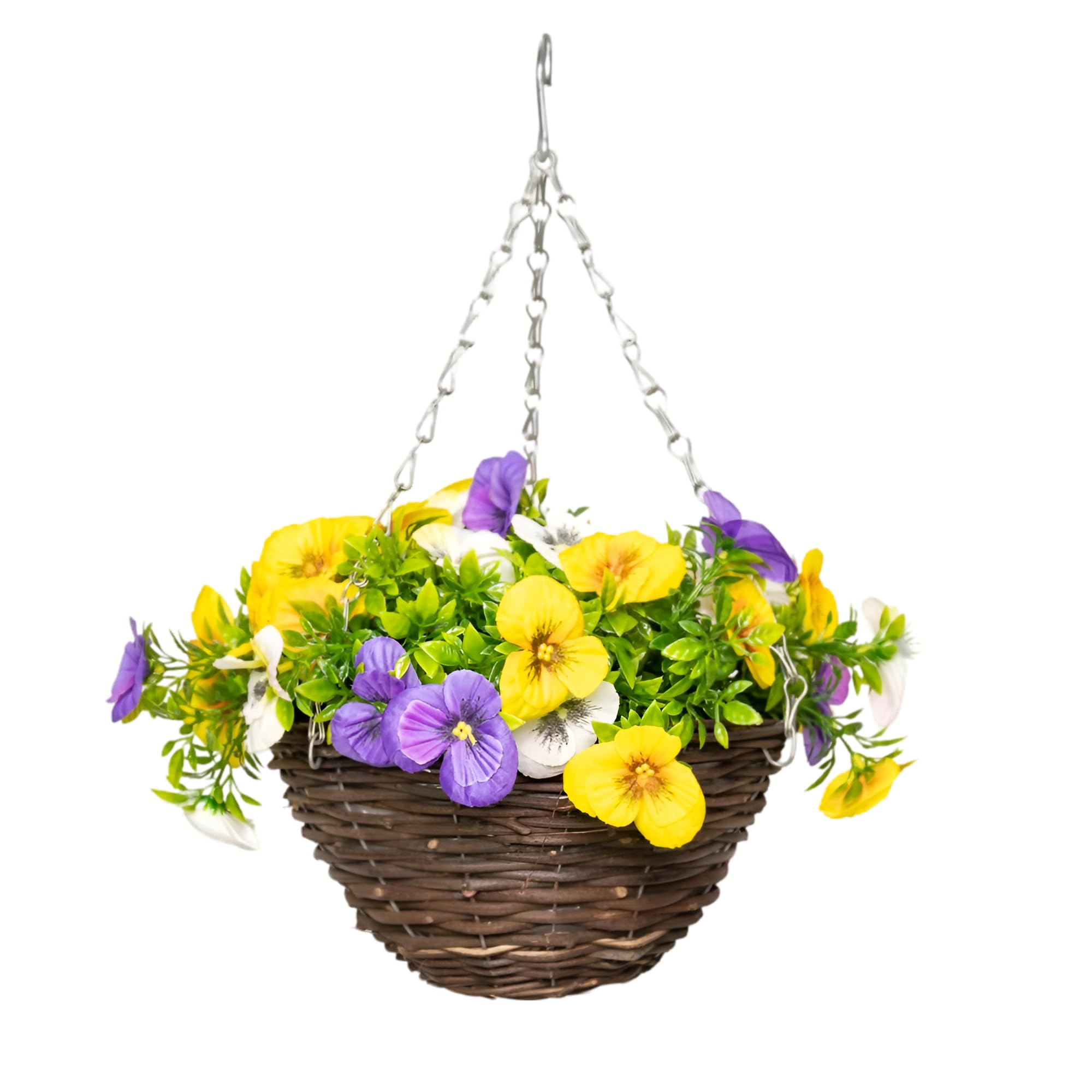 Artificial Pansy Flowers Hanging Basket - Yellow, Purple & White - 25cm
