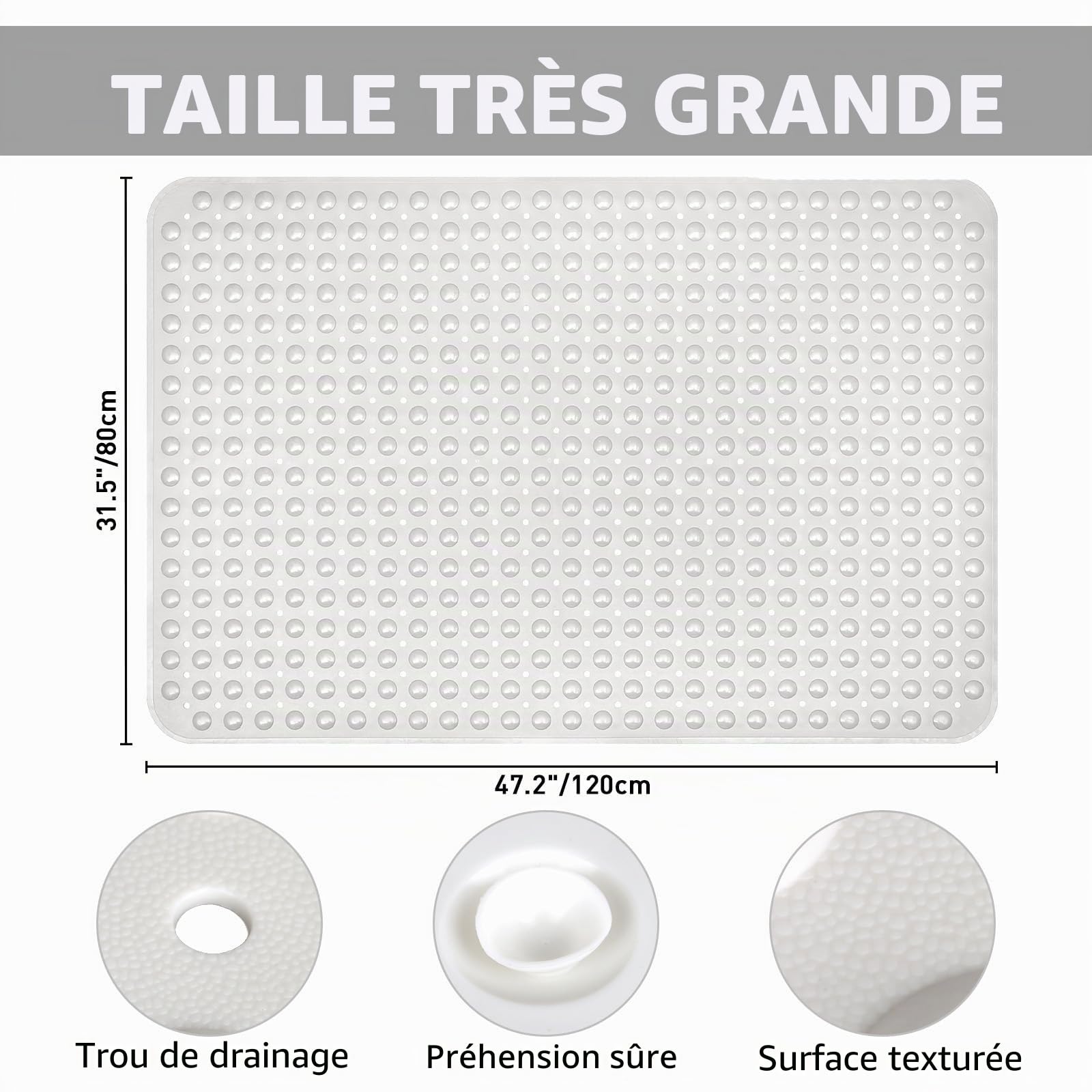 Tapis de douche antidérapant : 120 x 80 cm Tapis de douche extra large pour l'intérieur de cabine de douche - TPE souple long antidérapant anti-moisissure Tapis de douche avec ventouses