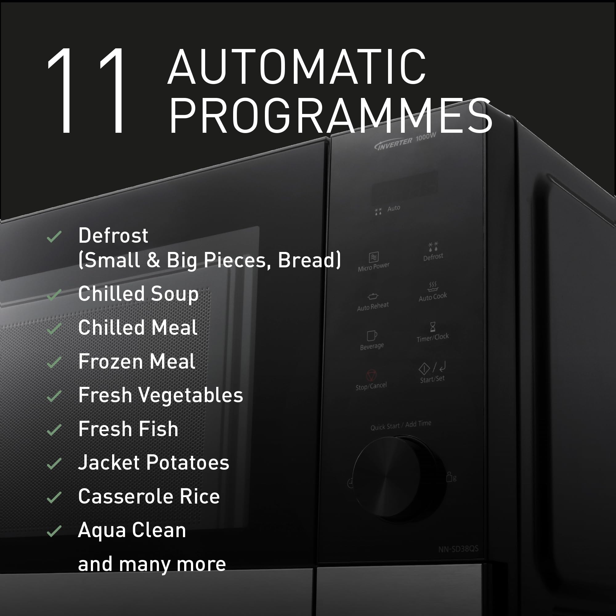 Panasonic NN-SD38QSEPG kuchenka mikrofalowa Solo 29 l, 1000 W, automatyczne rozmrażanie, 11 automatycznych programów, timer, czarna i stal nierdzewna