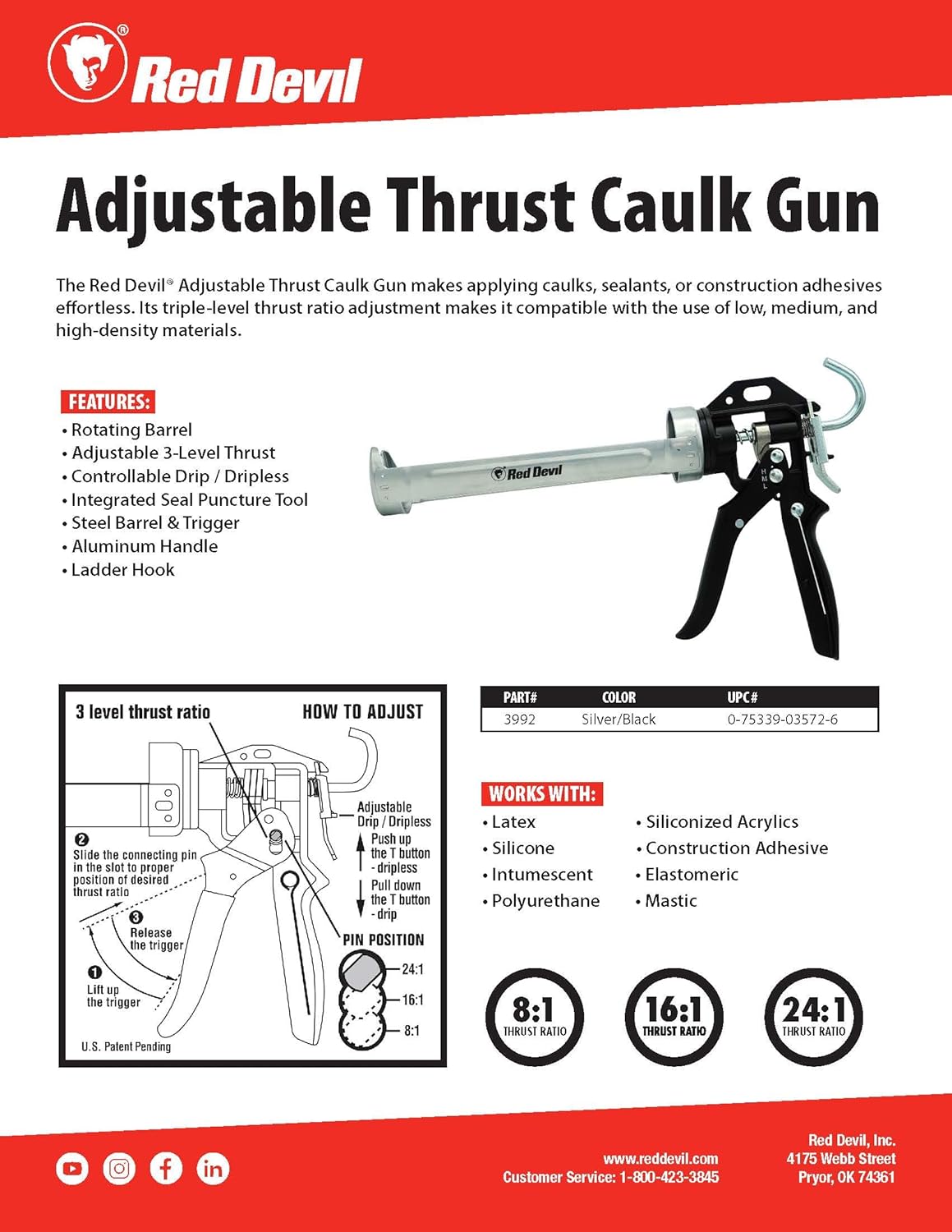 Red Devil 3992 9" Adjustable Thrust Caulk Gun - Thrust Ratio 8:1-16:1-24:1