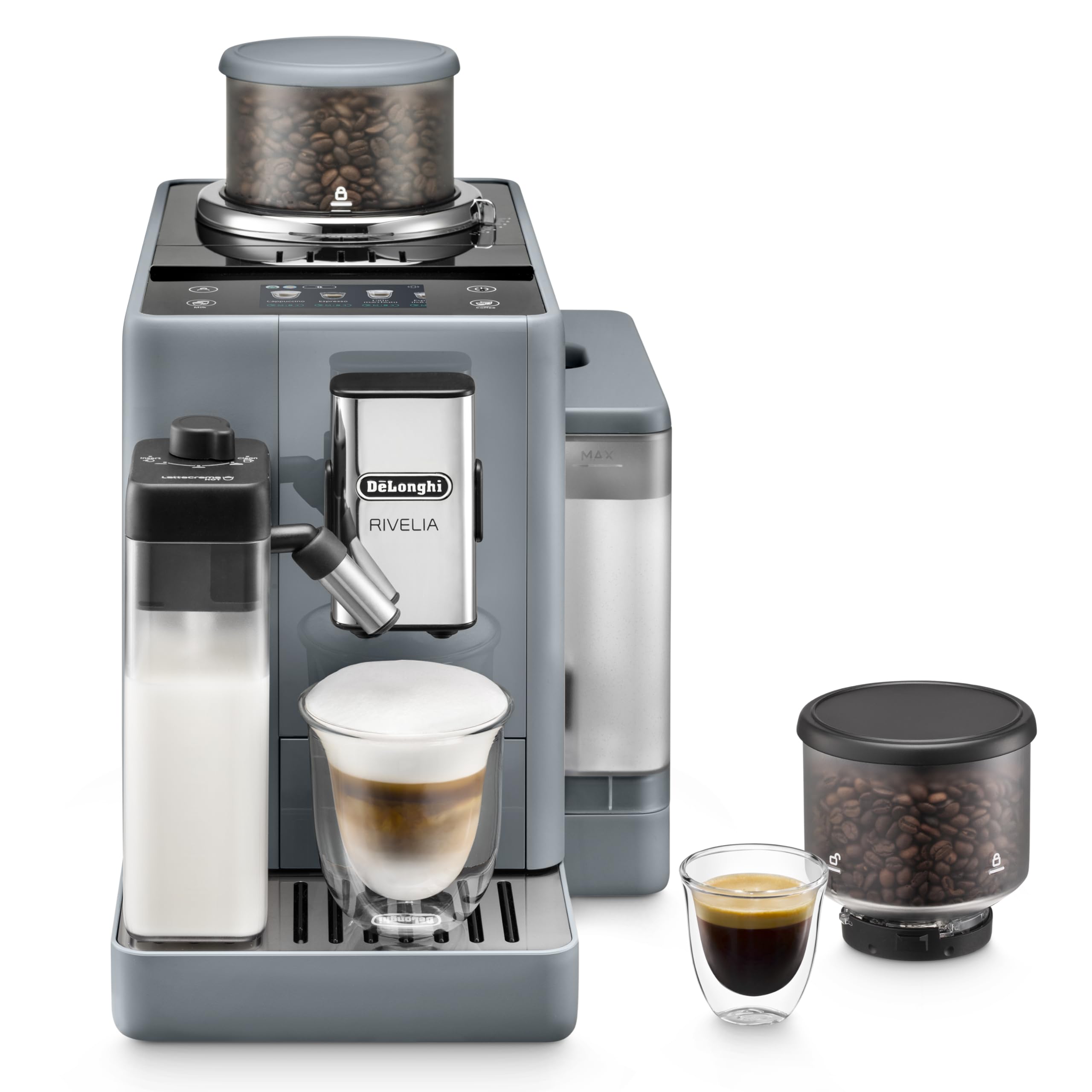 DeLonghi Rivelia EXAM440.55.W, Fully Automatic Coffee Maker with LatteCrema, Automatic Milk Frother, Compact Size, Bean-to-Cup Coffee Maker, 16 Recipes, Colored Touch Display (Grey)