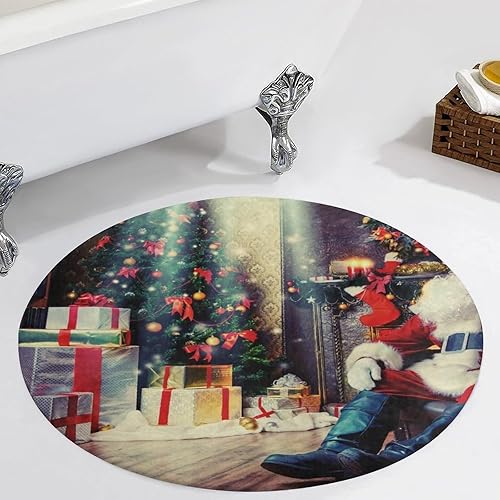 Miniatura 4 de Alfombras redondas de 3 pies con diseño de Papá Noel, chimenea, sala de juegos, antideslizante, árbol de Navidad, tapete suave y absorbente para
