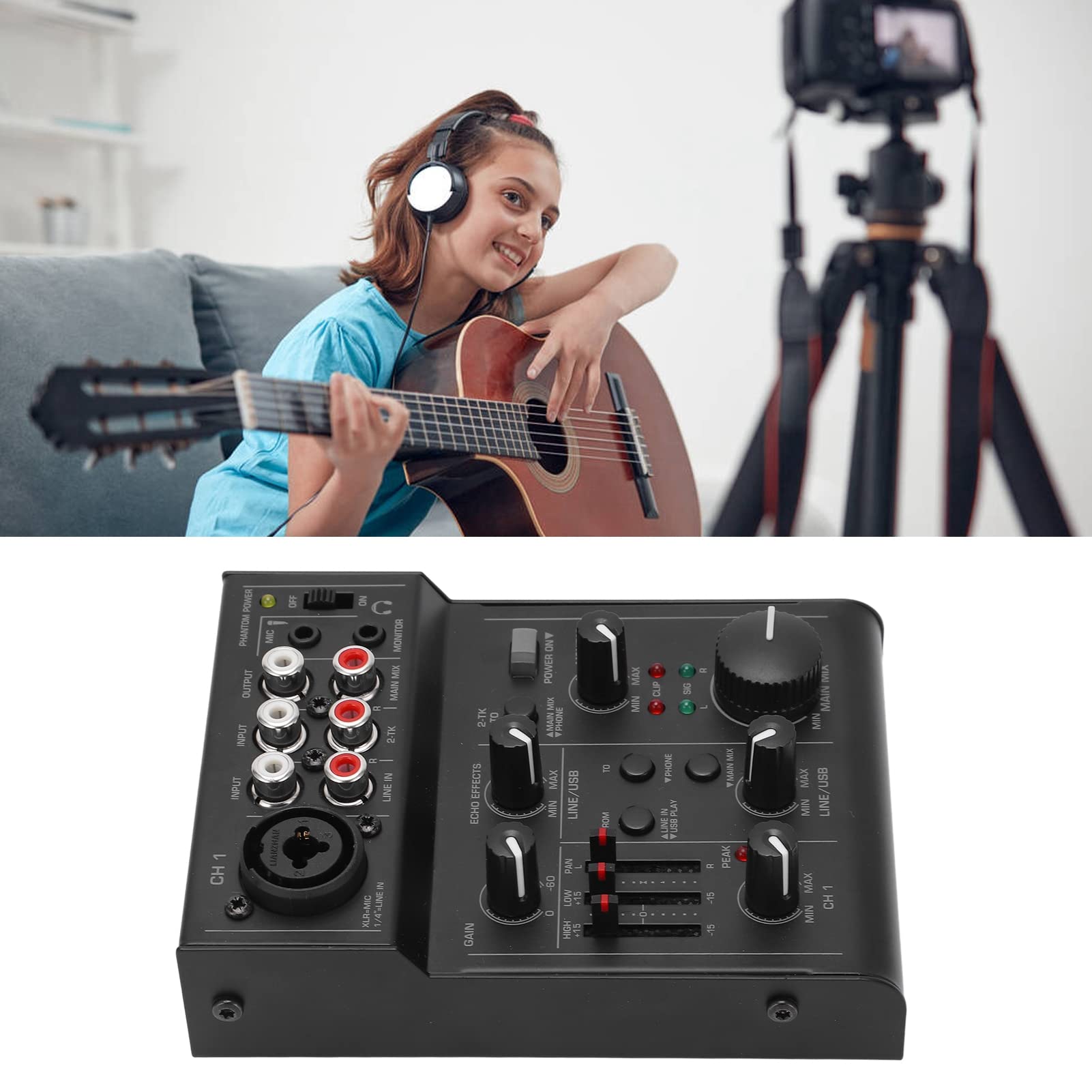 Acouto Kompaktowy Metalowy Mikser Cyfrowy Kontroler Miksera do Nagrywania na żywo z Efektami Zasilacz USB z Odpornym Mikserem Cyfrowym min. Kontroler Miksera AudioCyfrowy Mikser Dźwięku na żywoLive